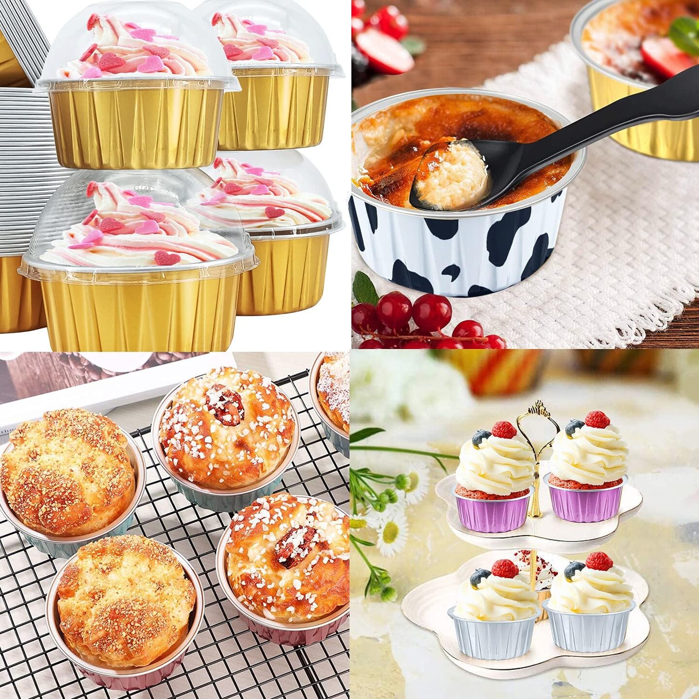Cupcake Liners with Dome Lids – 50 Pack 5oz Gold Foil Baking Cups with Spoons for Muffins, Jumbo Ramekins, Weddings & Birthday Parties