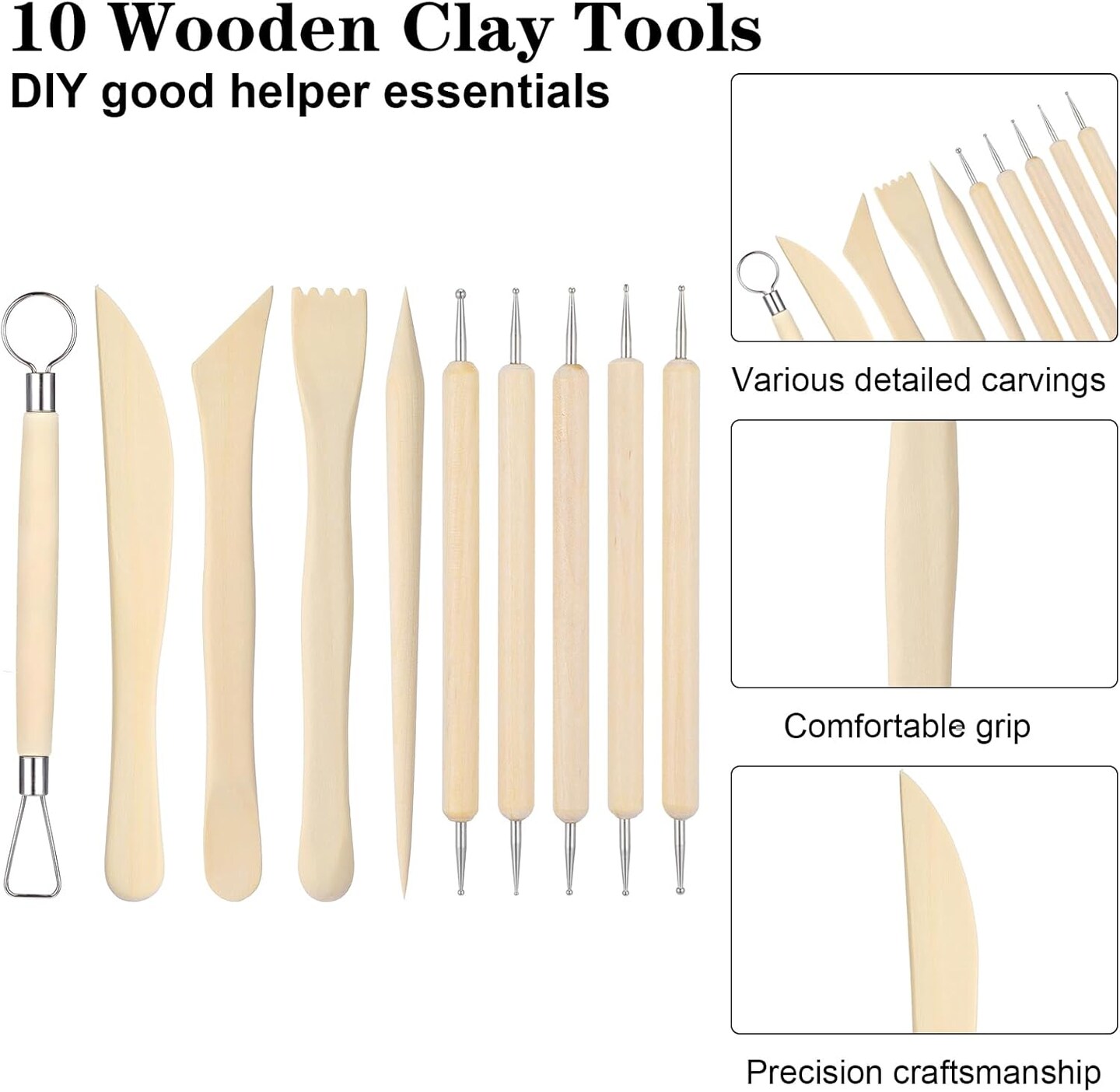 10Styles Wooden Clay Sculpting Tools, 6.2&#x27;&#x27; Smooth Double Ended Clay Modeling Tools