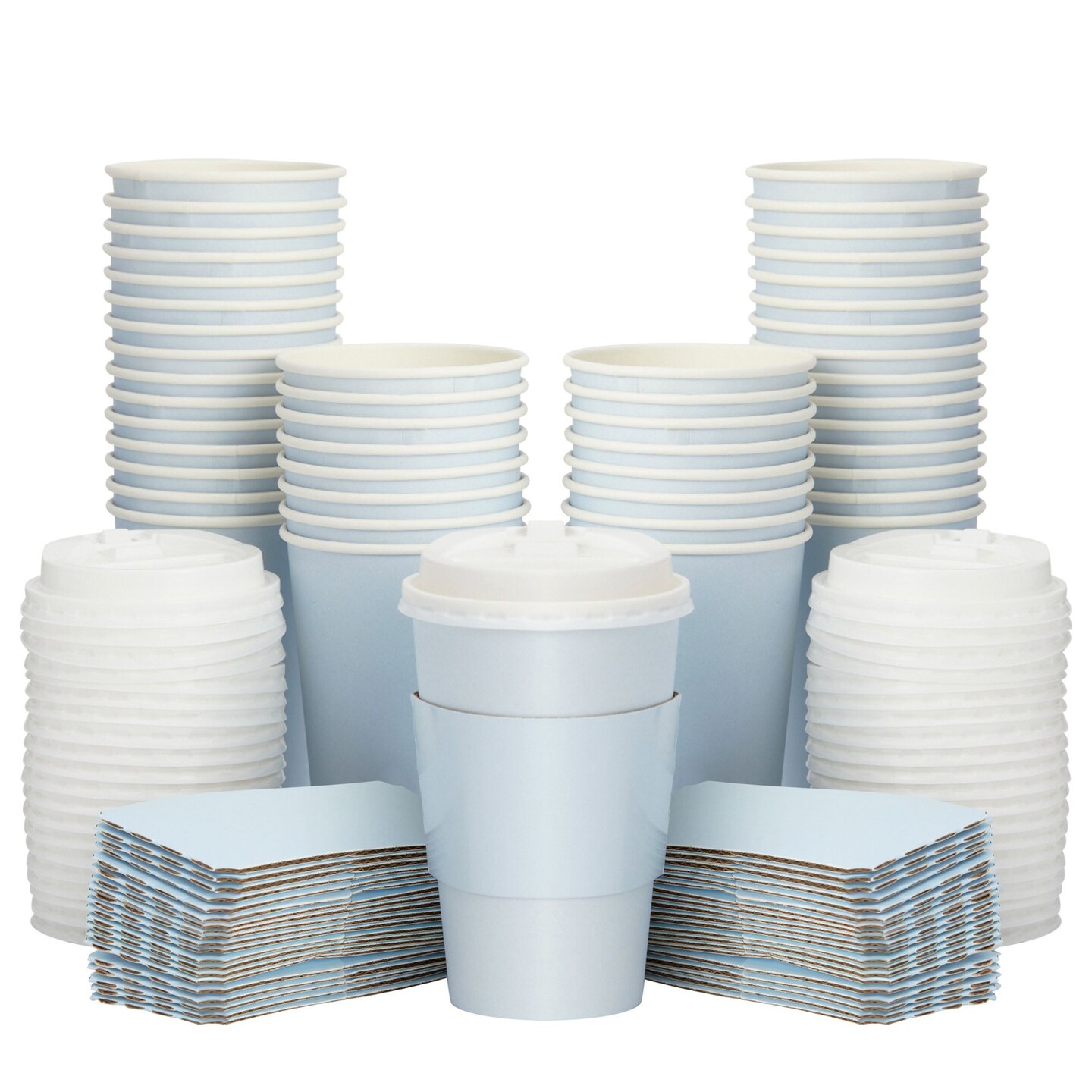 16 oz Disposable Coffee Cups with Lids and Sleeves for Hot To Go Drinks (Light Blue, Set of 48)