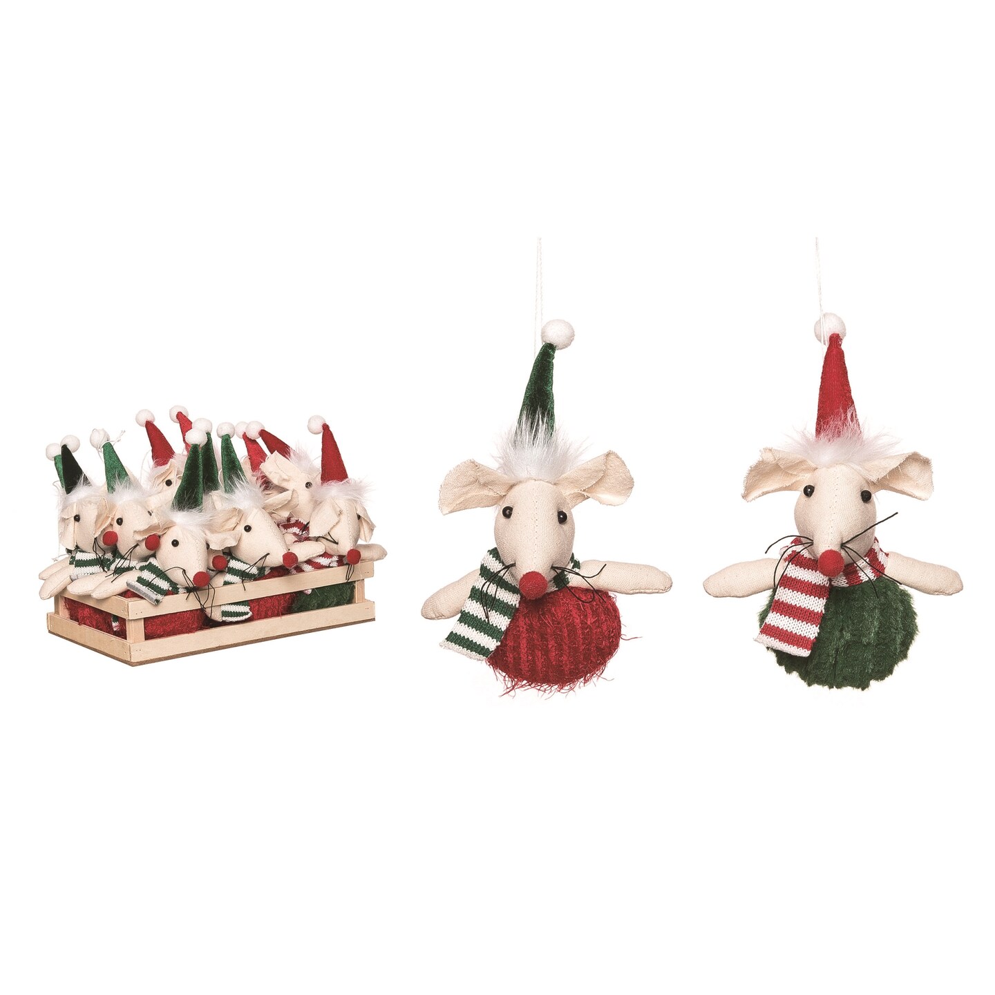 Transpac 7&#x22; Multicolor Plush Christmas Mouse Ornaments Set of 12 in Crate - Polyester Tree Ornaments for Indoor Use