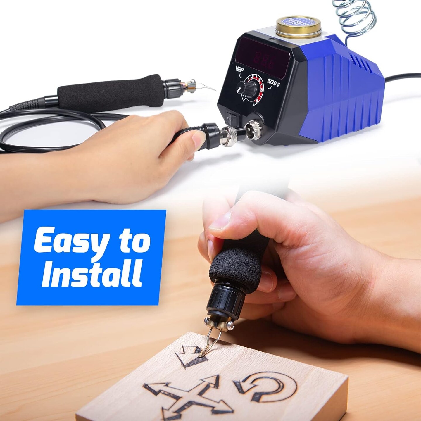 939D-V Wood Burning Kit – Detachable Pen, 250–750℃ Adjustable, 20 Tips, Pen Holder, Pyrography & Leather Burning.