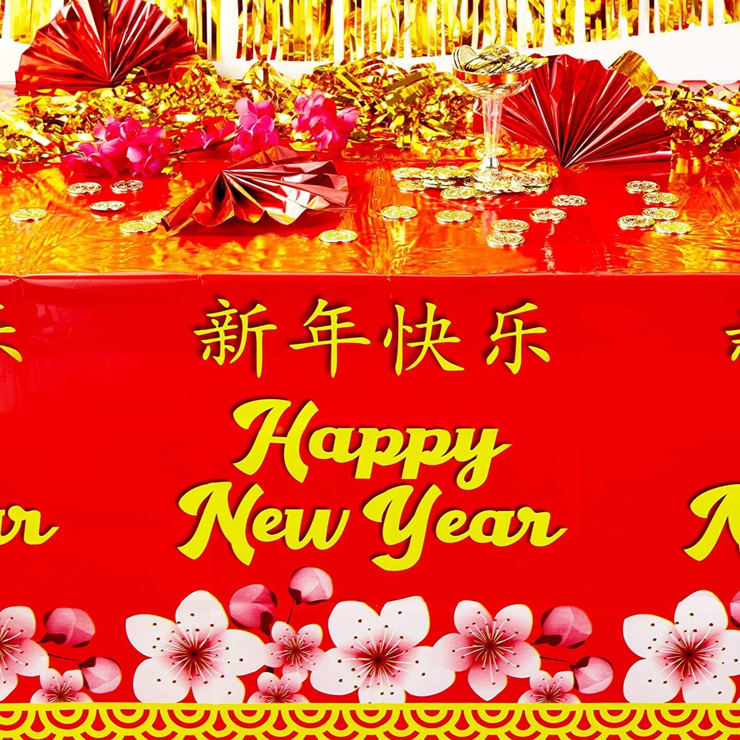 Chinese New Year Plastic Tablecloth with Cherry Blossoms (54x108 in, 3 Pack)