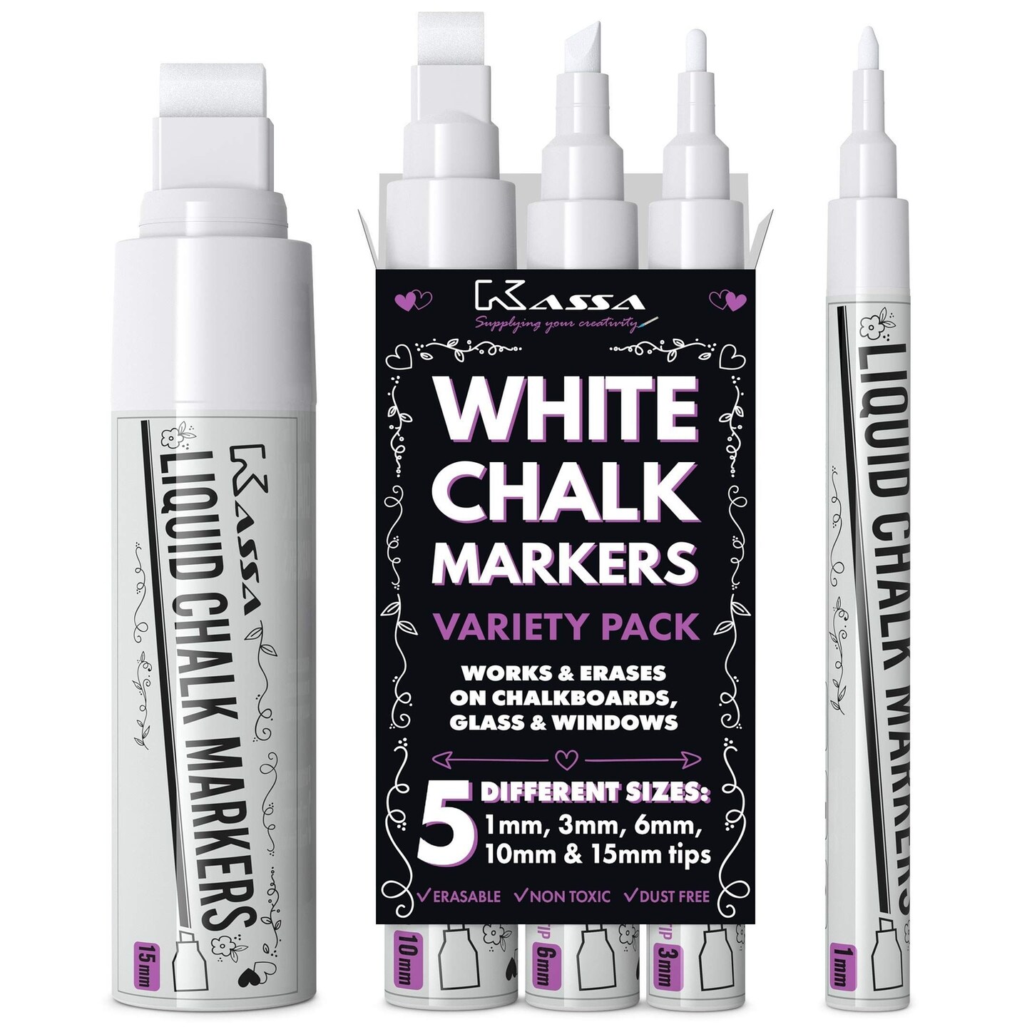 Kassa 5-Pack White Chalk Markers | Includes 1mm, 3mm, 6mm, 10mm &#x26; 15mm Tips | Works on Chalkboards, Windows &#x26; Glass | Erasable, Dust-Free &#x26; Washable | Ideal for Use at Home, School, Office &#x26; More