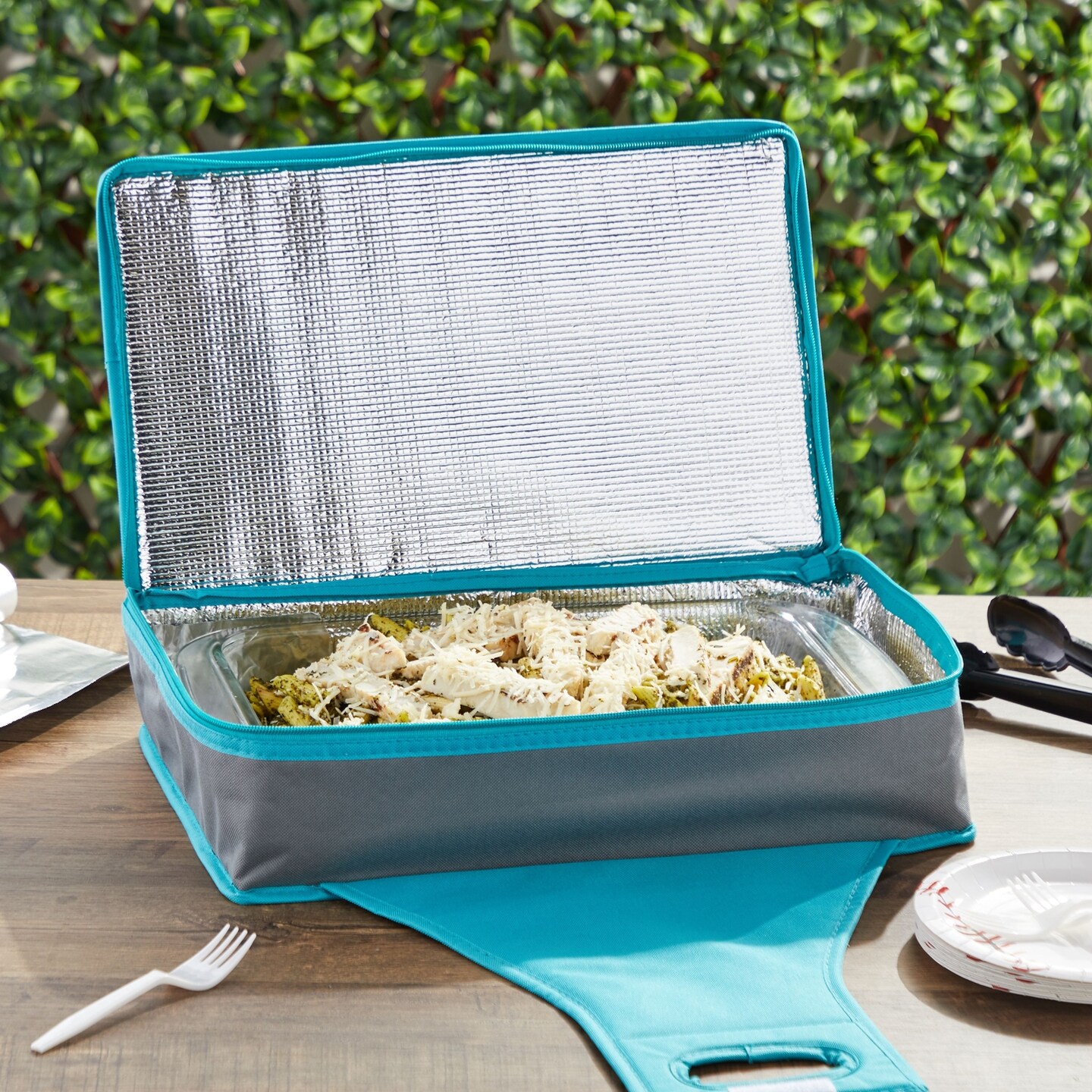 Thermal Insulated Casserole Carrier - Food Warmer Bag Container to Keep Food Hot for Lunch, Potluck Dish, Picnics, Pie, Transport (Teal and Gray, 16x10x4 in)