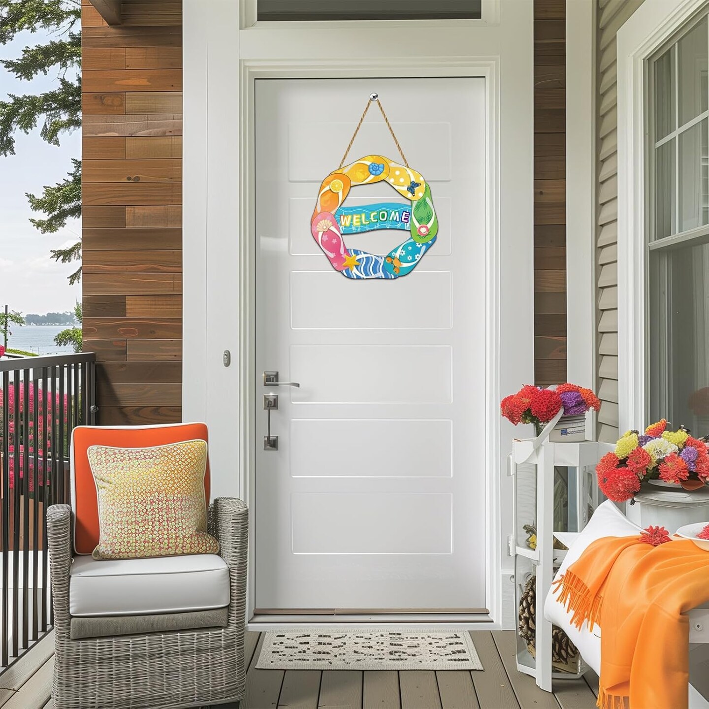 Summer Decor Summer Door Decor Flip Flop Hanging Plaque Welcome Sign Pool Decorations Wooden Front Door Hanger for Office Wall Indoor Home Decor