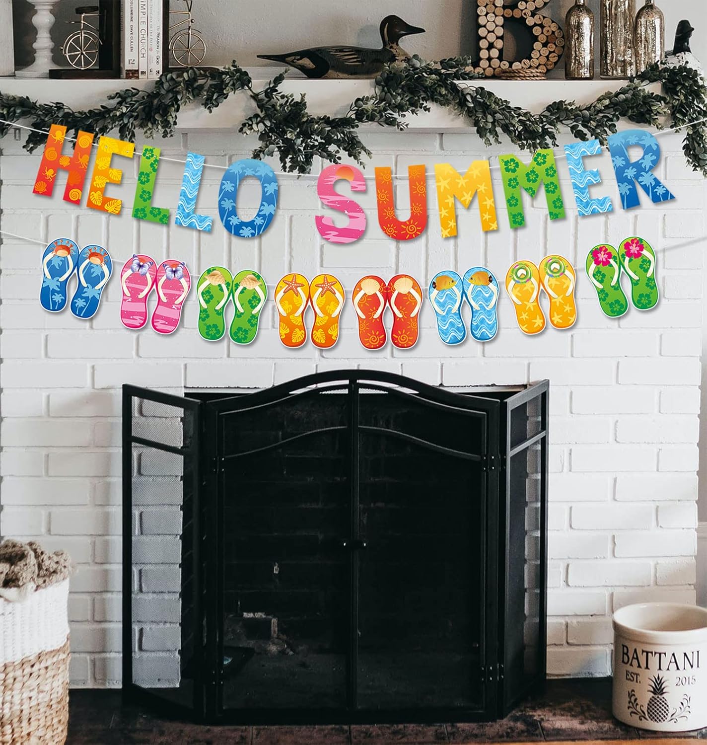 Hello Summer Banner and Colorful Flip Flop Banner Summer Hawaiian Tropical Beach Pool Slippers Garland Banner Summer Holiday