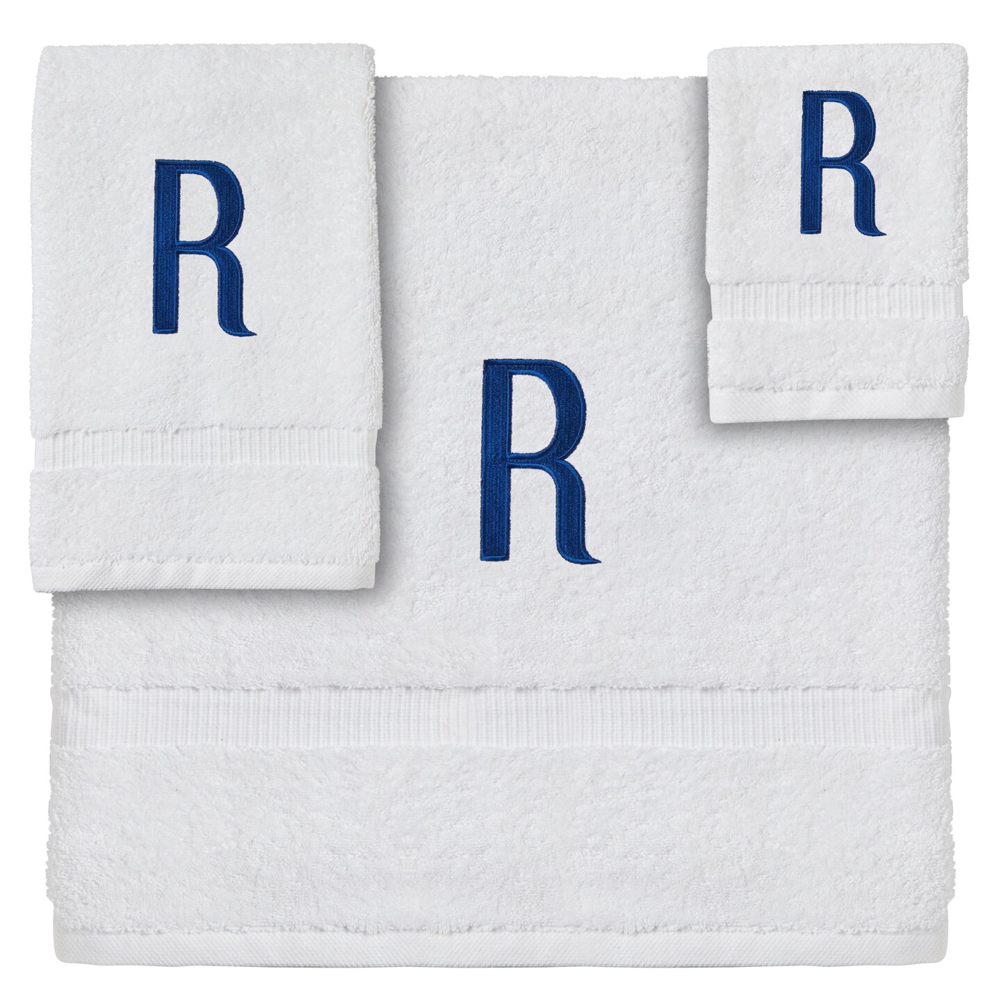 3 Piece Letter R Monogrammed Bath Towels Set, White Cotton Bath Towel, Hand Towel, and Washcloth with Blue Embroidered Initial R for Wedding Gift, Bridal Shower