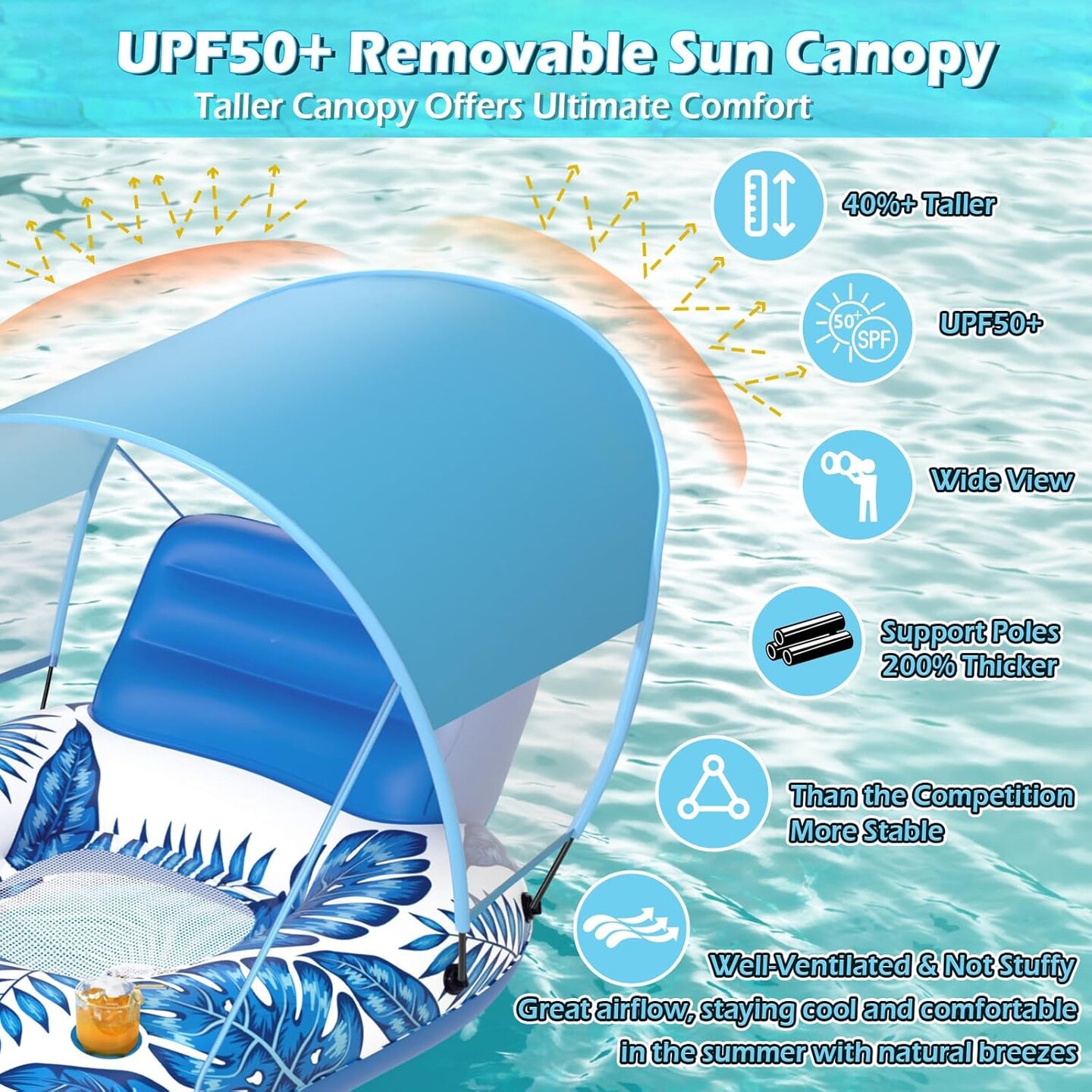 Pool Floats with Canopy - Inflatable Pool Float Adult Lounger Floaties Raft Floating Chair for Swimming Pool Lake Water Lounge Float with Cup Holders Beach Pool Party Toys for Adults