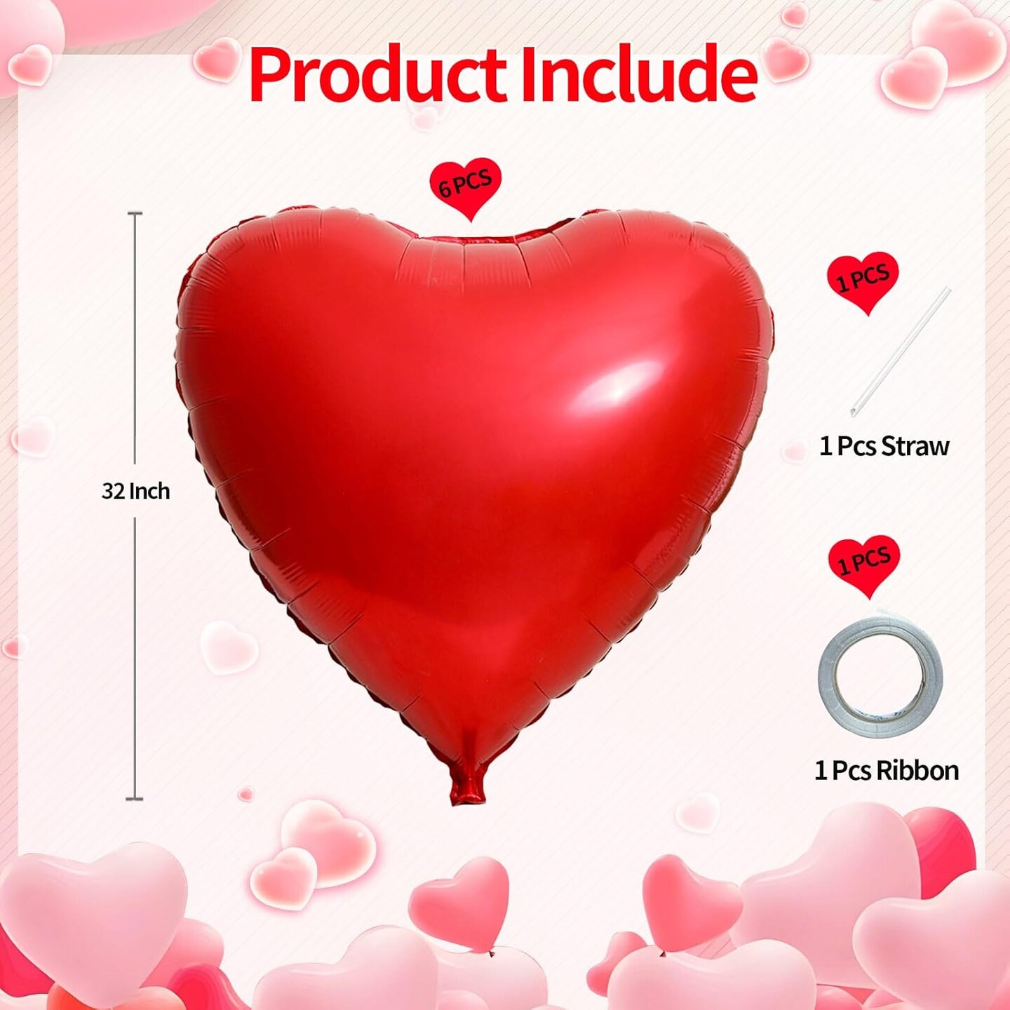 32 Inch Red Heart Balloons, 6 Pcs Heart Foil Balloons Heart Shaped Mylar Balloons for Valentines Day, Wedding, Bridal Shower and Birthday Party Decorations