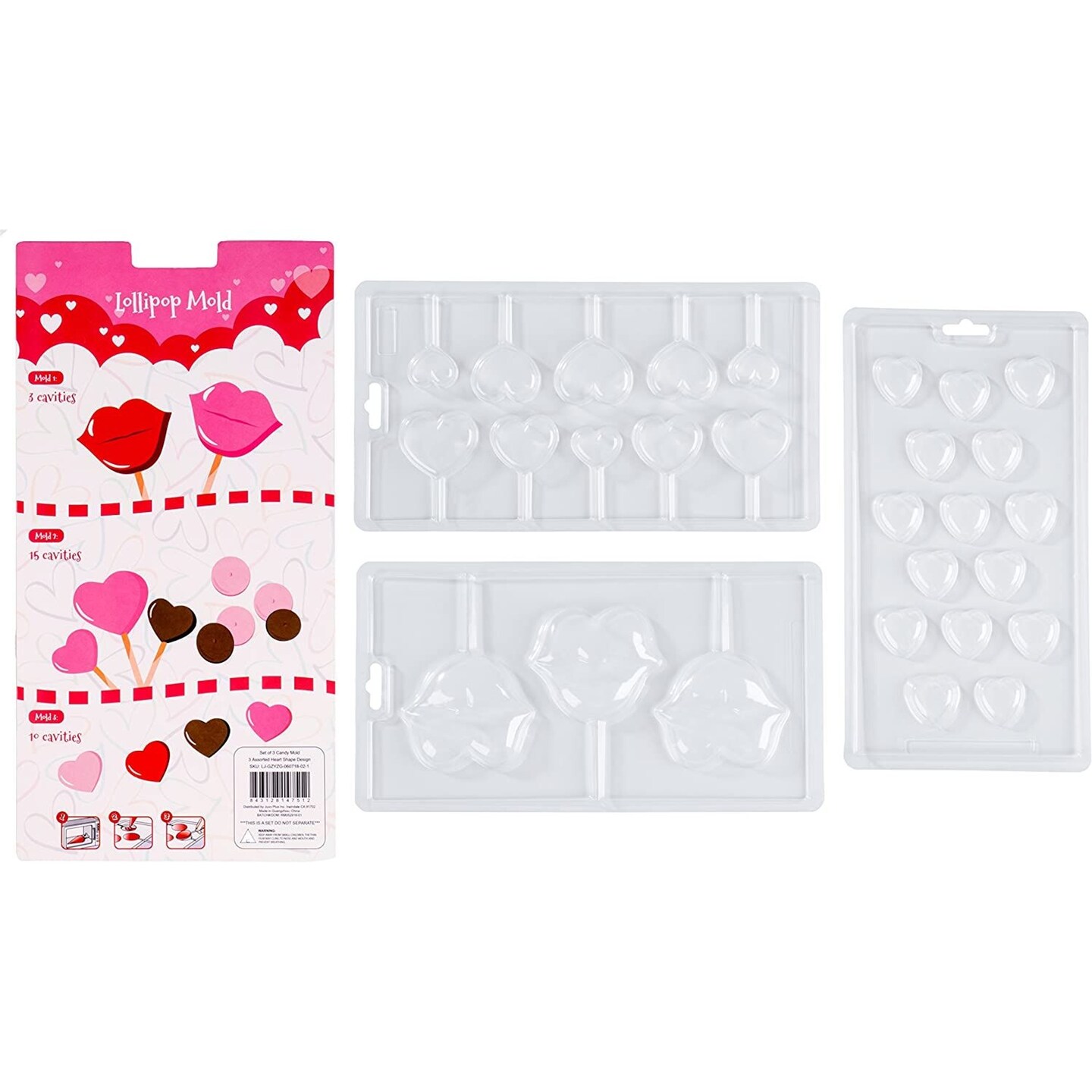 Juvale 3 Pack Heart Valentines Lollipop Mold, Create Chocolate Kisses and Candy Lollipop Hearts, Dessert Shapers for Party Treats (11 x 6 x 0.8 Inches)