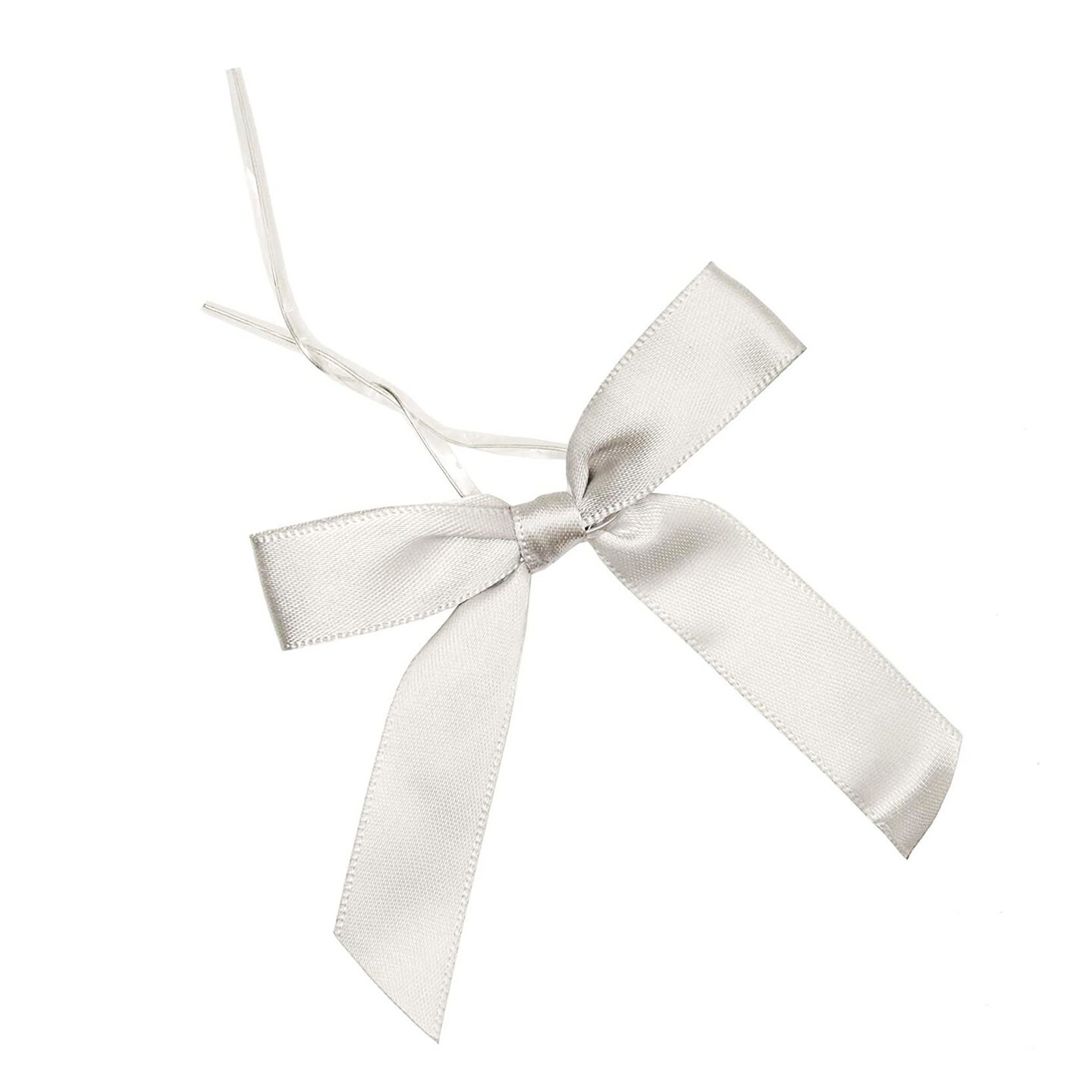 100 Pack Silver Satin Twist Tie Bows for Crafts, Gift Wrapping, Party Favor Bags, Baked Goods (3 In)
