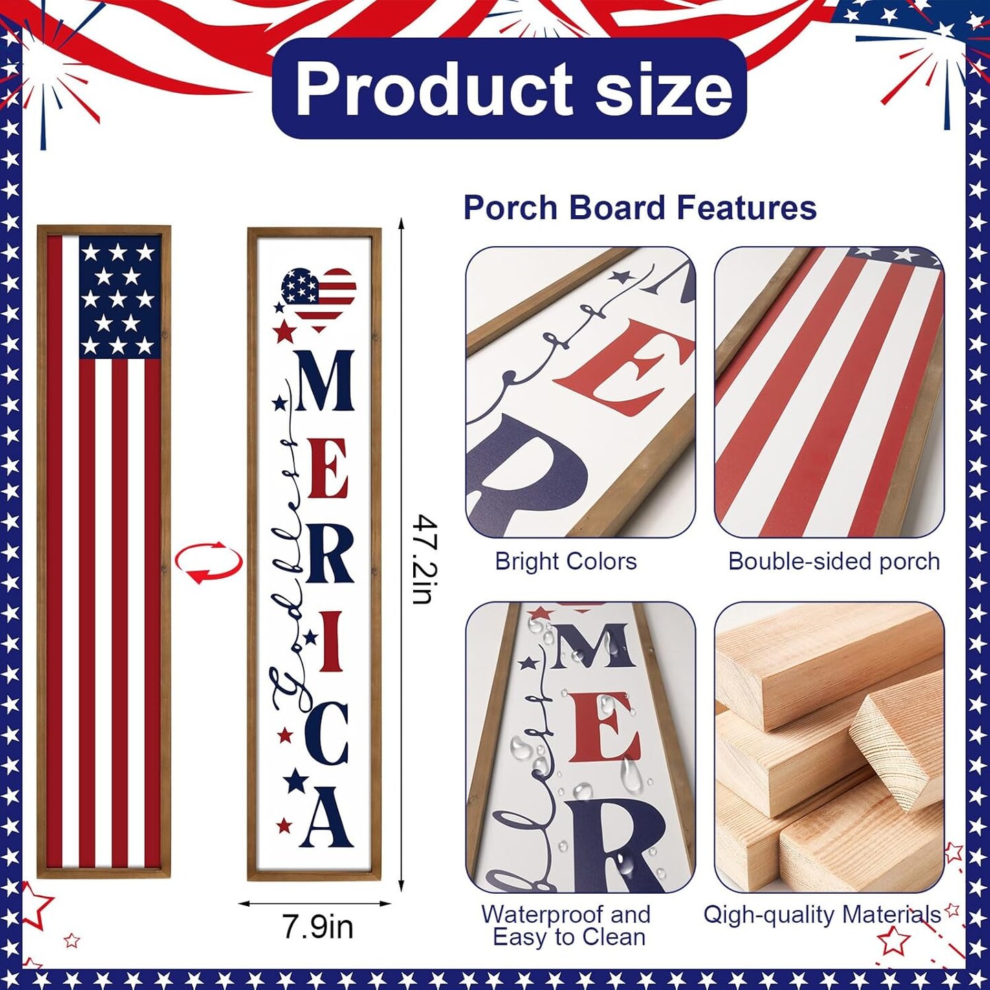 47.2 Inch Two Sided 4th of July Porch Sign, Wooden Patriotic Independence Day Welcome Front Door Decor, Americana Tall Large Vertical Standing Board Red White Blue Outdoor Home Decorations