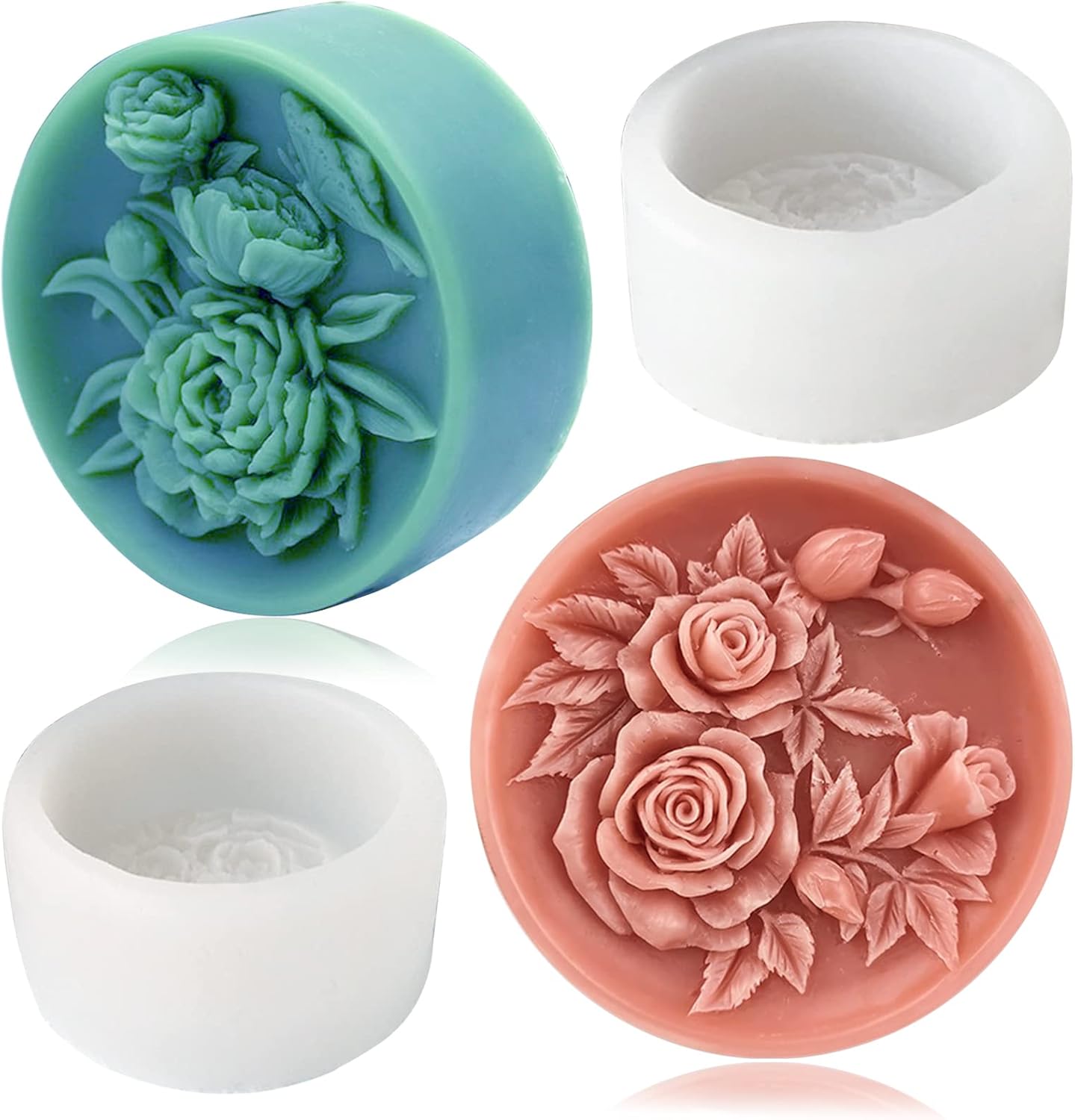2PCS Round Flower Soap Molds for Soap Making, Rose Resin Candle Mold Silicone, Bath Bombs Lotion Bar Silicone Mold, 3D Mold