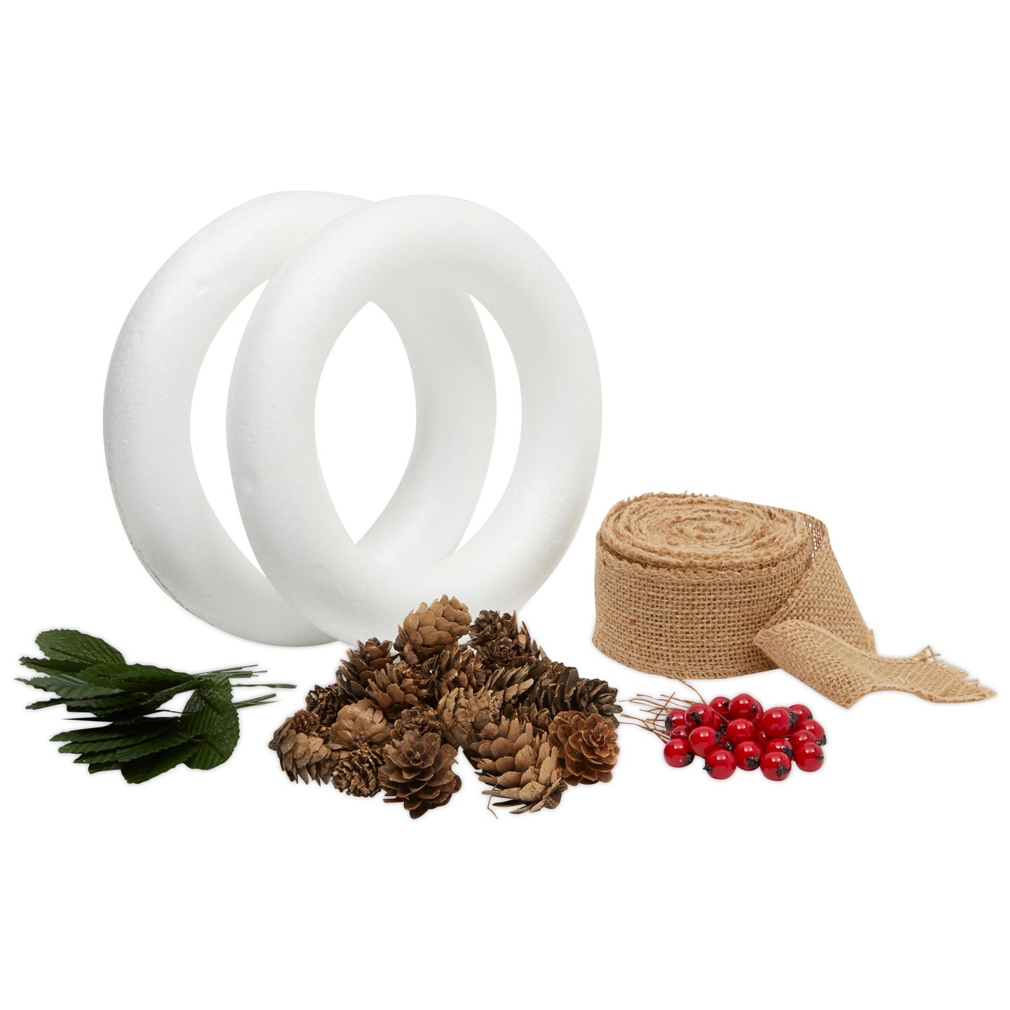 8 inch Wreath DIY Kit with 2 Craft Foam Rings, Burlap Ribbon, Berries, Pinecones (75 Pieces Set)