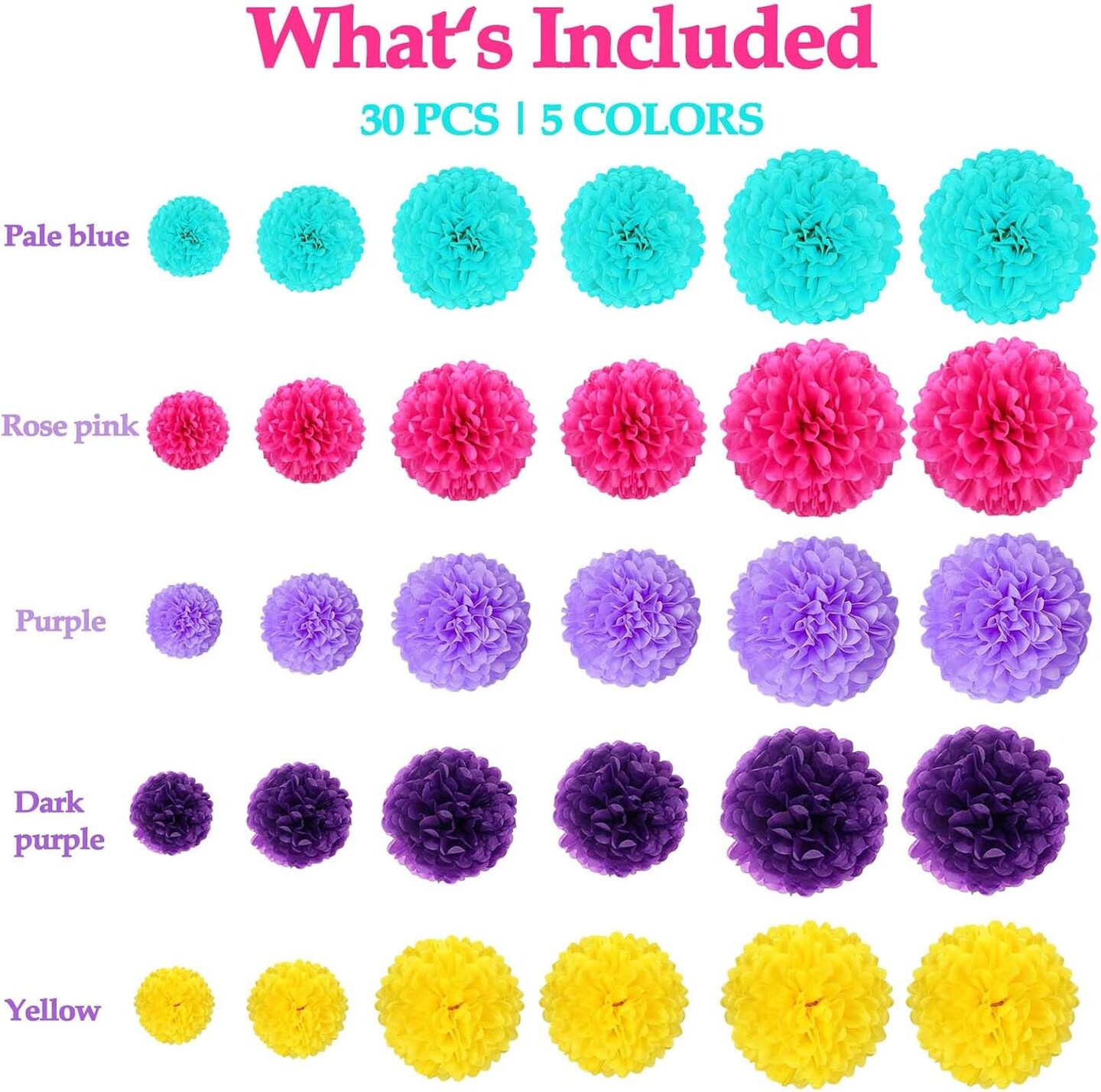 Blue Purple Yellow Rose Pink Tissue Paper Pom Poms Flower Set Decor-30PCS Ideal for Birthday,Bridal Showers,Wedding,Baby Shower Party Decorations (12&#x22;,10&#x22;,8&#x22;,6)