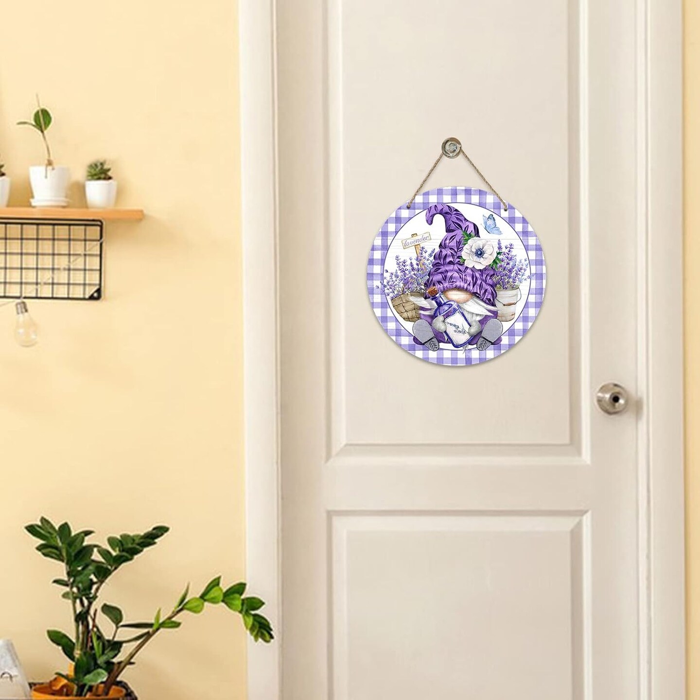 Gnome Lavender Flower Sign for Front Door Decor, Anemone Purple Buffalo Plaid Wood Door Hanger for Outdoor Outside Porch, Summer Farmhouse Wooden Wreath Indoor Wall Hanging Decoration