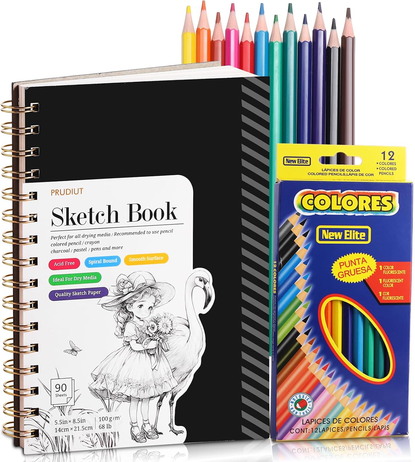 Sketch Book with 12 Color Pencil Set, 100 Sheets Spiral Sketchbook for Drawing (68lb/100gsm), Acid-Free Sketch Pad for Kids Artist, Art Paper Drawing Supplies
