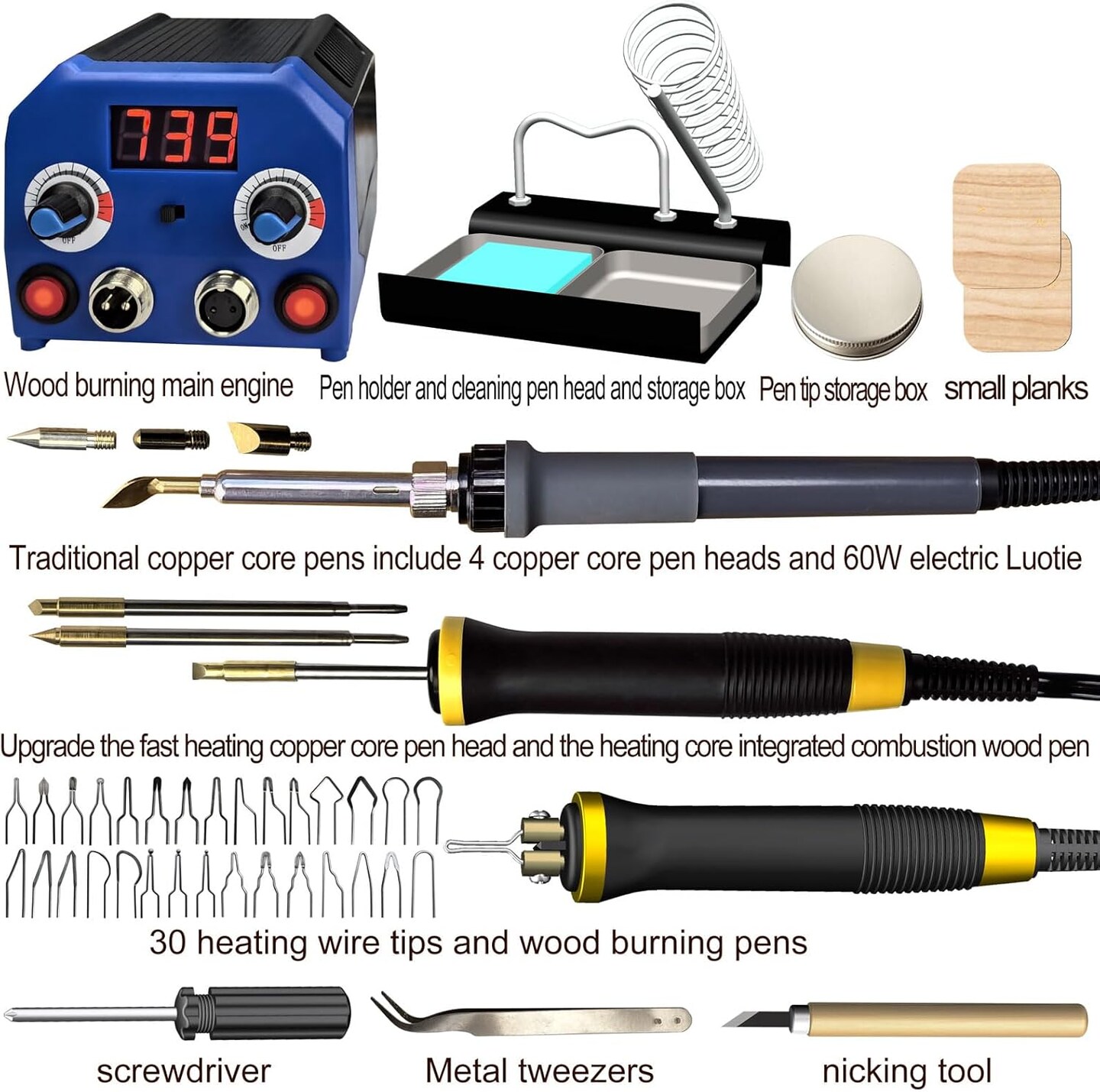 LH55-3-3 Wood Burner kit Wood Burning Tool Pen 200~750&#x2103;, Wood Burning kit with Digital Thermometer Temperature Adjustable Temperature 3 pyrographic Wood Burning pens 37 Wood Burning Pen Tips