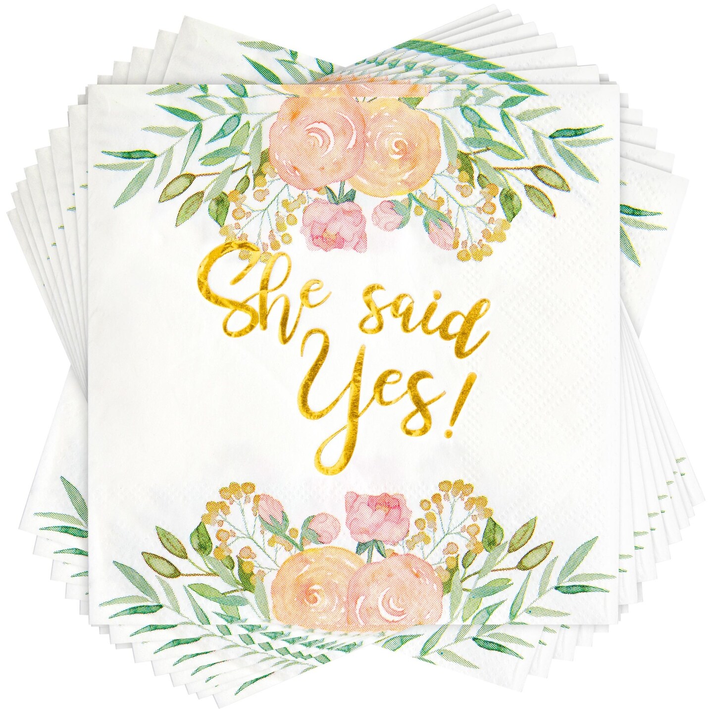 50 Pack Gold Foil She Said Yes Napkins for Engagement Party Supplies, Bridal Shower Decorations, Luncheon, Wedding Decor, Disposable, 3-Ply (White, 5 x 5 Inches)
