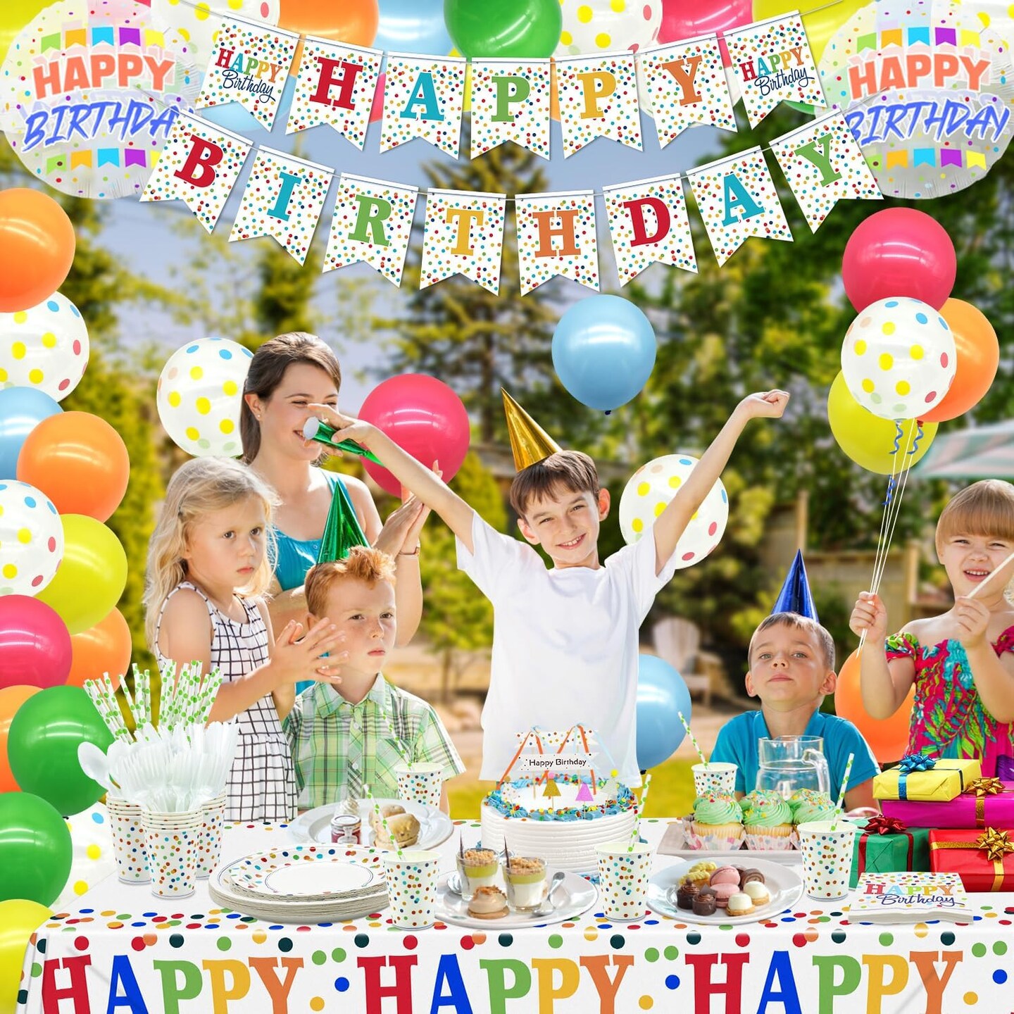 212 PCS Rainbow Party Supplies - Colorful Balloons, Polka Dot Banner, Fringe Curtains, Cake Topper, Plates, Napkins, Cups and Tablecloth for Kid Confetti Sprinkle Party Decorations, Serve 20 Guests