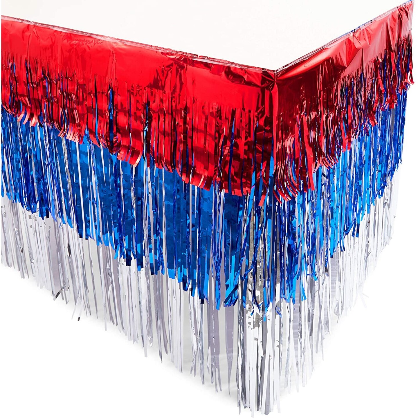 Metallic Foil Fringe Table Skirt, Red, White and Blue for 4th of July (2 Pack)