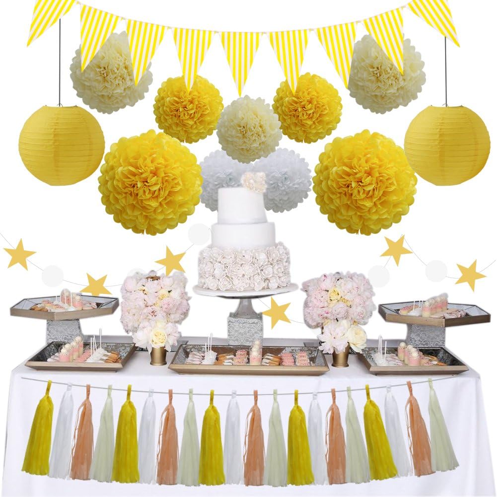 33pcs Party Decoration Supplies Set, Yellow Tissue Paper Pom Poms Flowers Paper Lanterns Tassels Hanging Garland Banner Triangle Flag Bunting for Birthday, Bridal, Baby Shower, Wedding Graduation