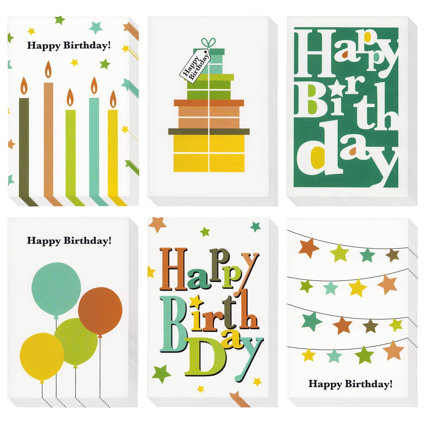 Juvale Birthday Cards Blank Inside - 4 x 6 In, 48 Pack Multicolor - Bulk Blank Birthday Cards with Envelopes & Unisex Designs - 6 Vibrant Patterns on Ivory Stock - Workplace & Family