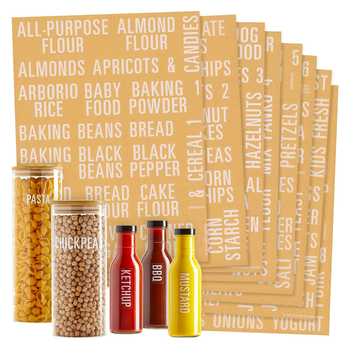 Talented Kitchen 224 White Pantry Labels &#x26; Fridge &#x2013; All Caps Kitchen Pantry Names &#x26; Fridge &#x2013; Food Label Sticker, Water Resistant Pantry Labels for Containers Jar Pantry Organization and Storage