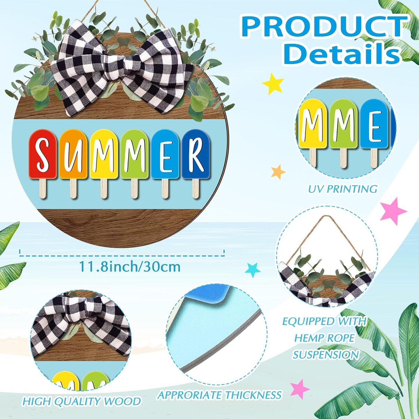 12 x 12 Inch Hello Summer Door Sign Ice Cream Welcome Summer Wreath Decor Beach Hanging Door Hanger Farmhouse Decorations for Wall Front Porch Decor(Ice Lolly)