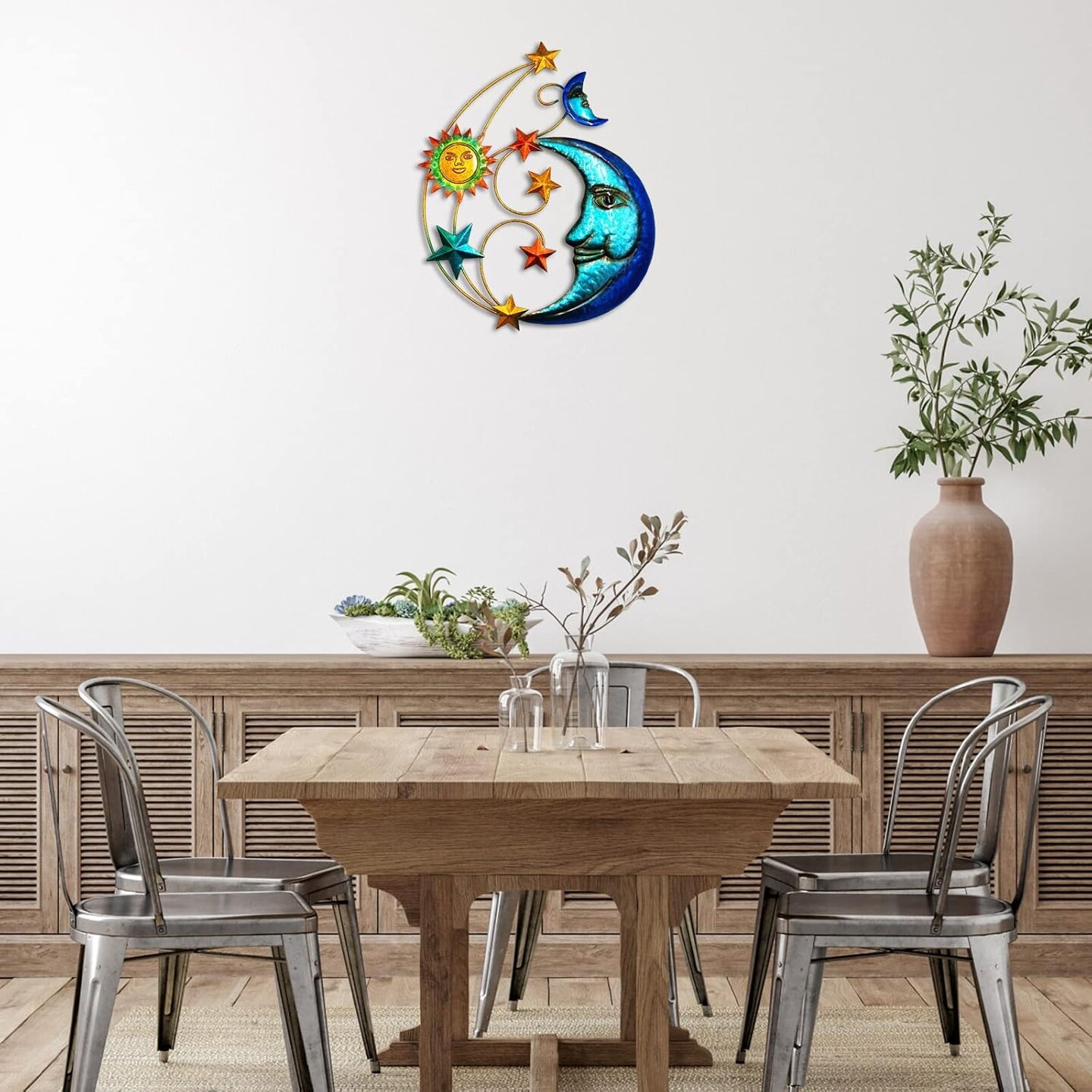 Summer Metal Sun Outdoor Wall Art Decor, Large Size 17'' Sun Face Metal Wall Sculpture with Moon & Stars for Home Wall Decoration Living Room, Bedroom, Outside Decor for Yard, Patio, Garden Fence Deck Pool