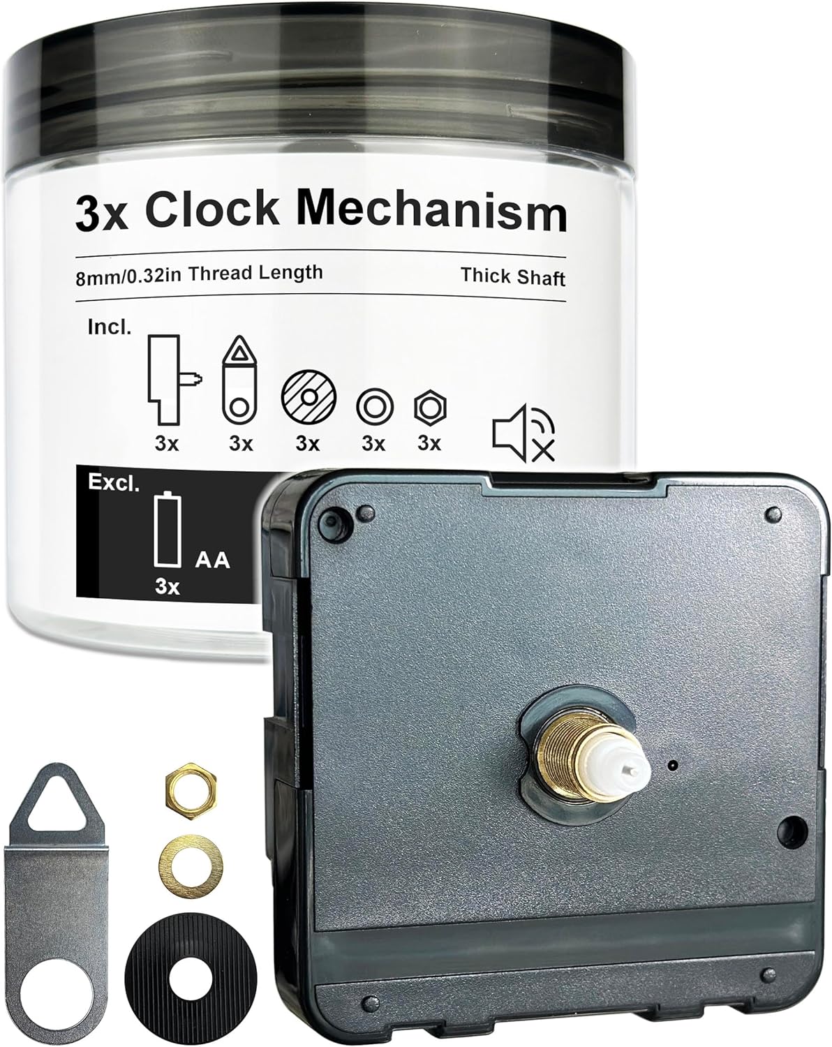 Clock Movement Replacement 8mm/0.32in Thread Length (Thick Shaft, 227S, 3 Set) Battery Operated Mechanism Silent Powered Timepiece Telling Time Teaching Wall Clocks Motor Parts Works Kit