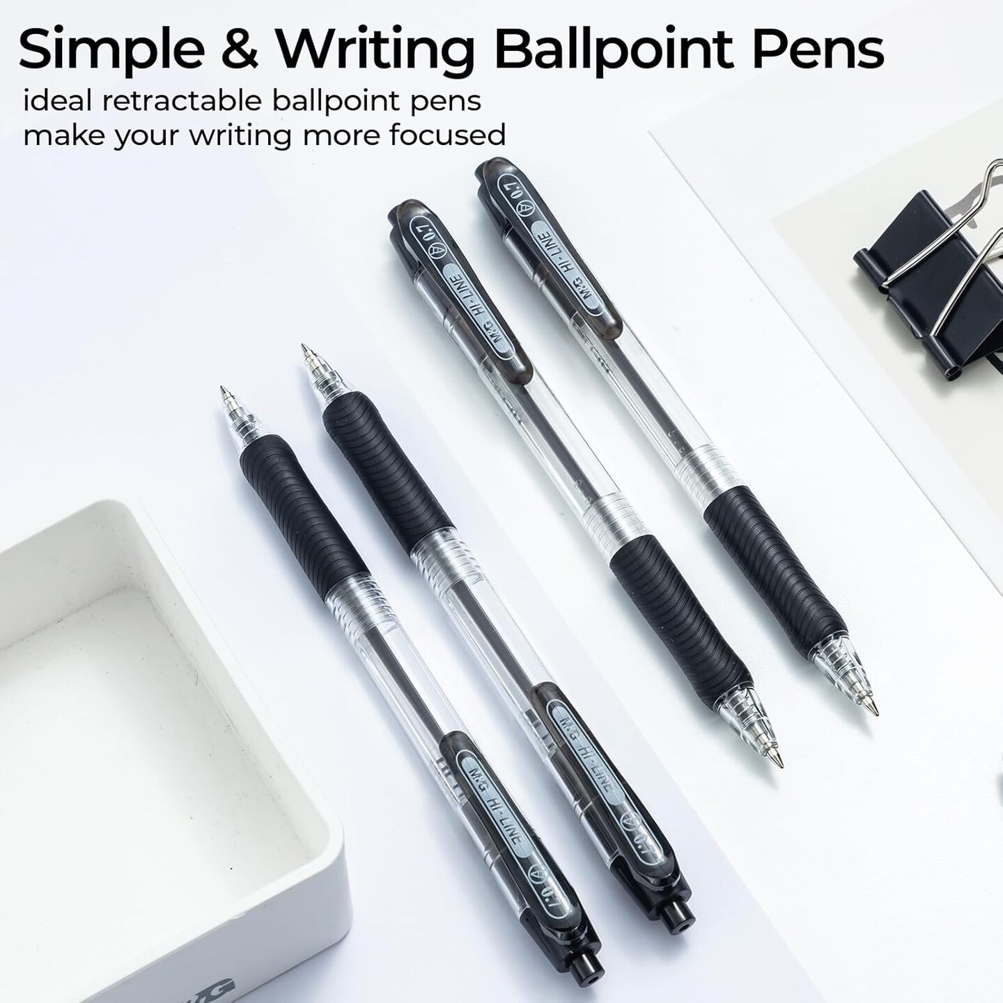 Ballpoint Pens, Black Ink Roller Ball Pens Fine Point 0.7mm, Retractable Ballpoint Pens Bulk Smooth Writing with Soft Anti-Slip Grip for Note Taking Office School Women Men (12 Pack)