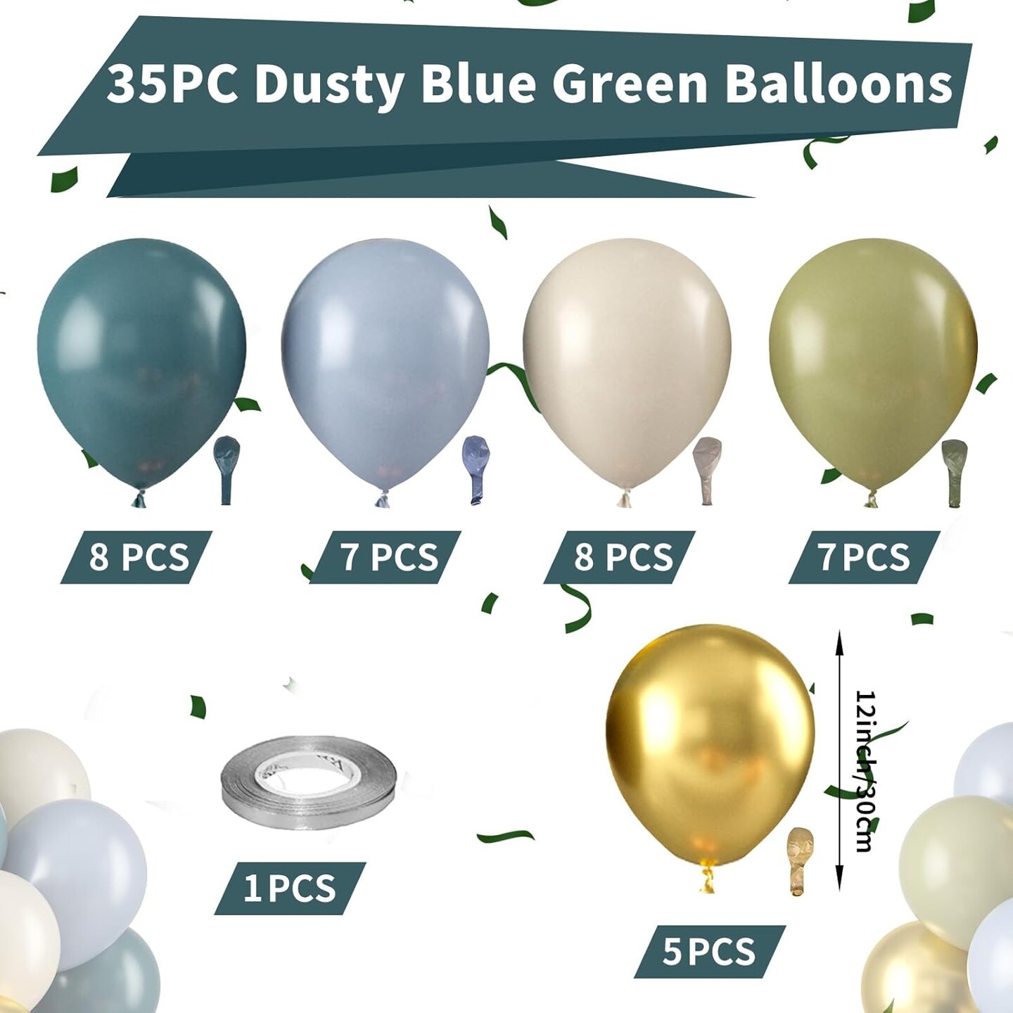 Dusty Blue Green Balloon, Sage Green and Retro Blue Balloons, Sand White Green Metallic Gold Sea Blue Balloons for Women Men Boho Birthday Wedding Baby Shower Jungle Safari Wild Party Decorations