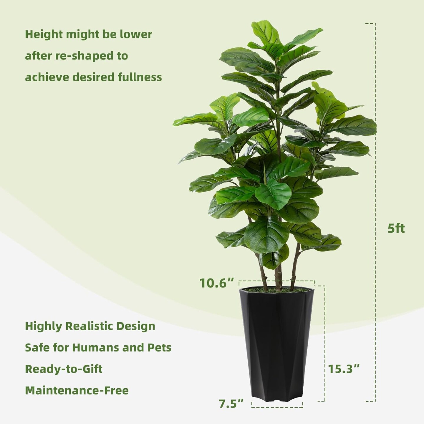 Artificial Fiddle Leaf Fig Plant Indoor 5FT Faux Fig Tree with White Diamond Planter Tall Fake Floor Plant in Pot Artificial Trees for Home Office Living Room Decor Indoor