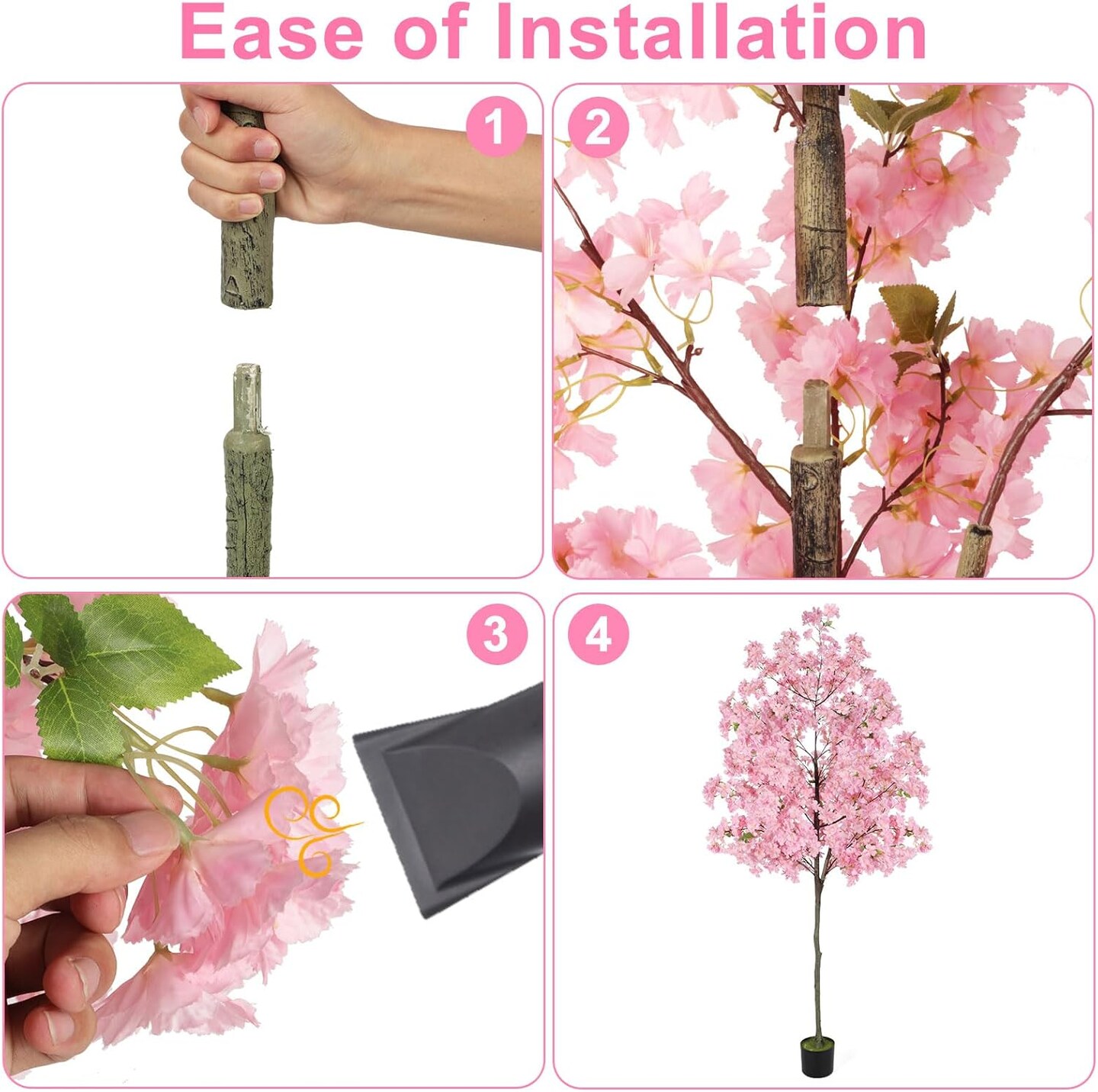 6FT Tall Cherry Blossom Artificial Tree with Realistic Pink Flowers & Green Leaves, Faux Silk Plant in Nursery Pot - Indoor/Outdoor Decor, Maintenance-Free