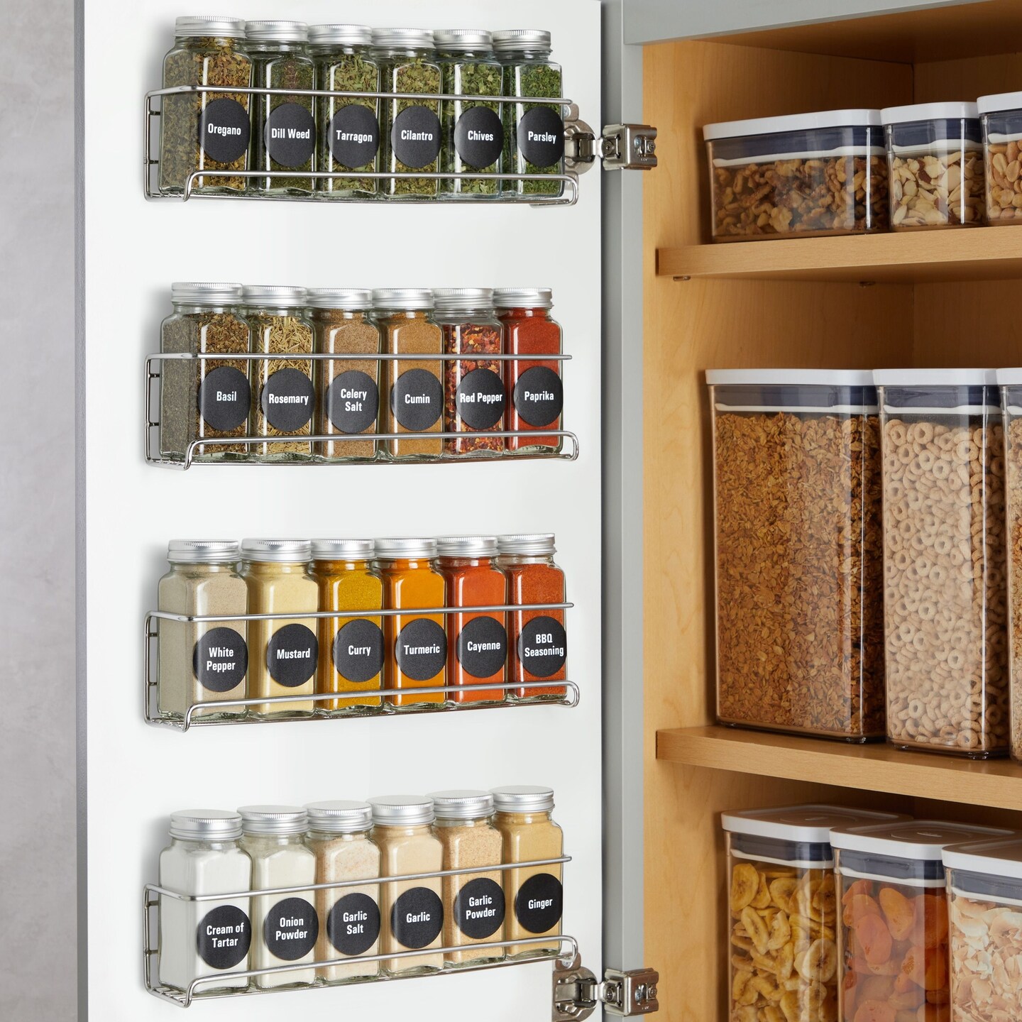 Talented Kitchen 4 Stainless Steel Wall-Mounted Spice Racks Organizer for Wall and Cabinet Door with 24 Pcs 4-Ounce Glass Spice Jars, 269 Preprinted Seasoning Labels (2 Styles)