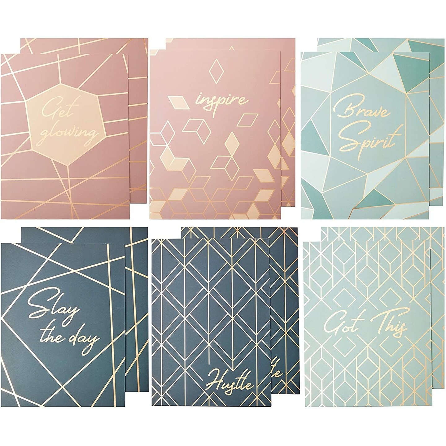 12 Pack Inspirational 2 Pocket Folders, Letter Size, 6 Decorative Motivational Designs for School, Home, Office, Women Girls (9x12 inch) - Rose Gold Geometric