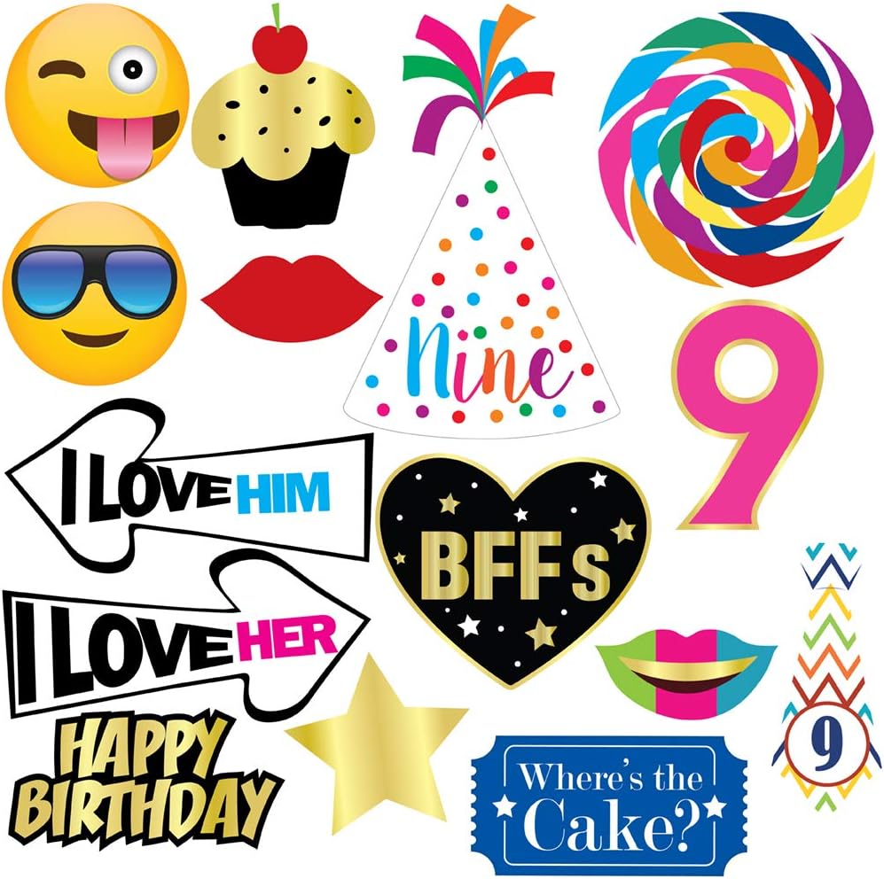 9th Birthday Photo Booth Party Props - 40 Pieces - Funny Kids Birthday Party Supplies, Decorations and Favors