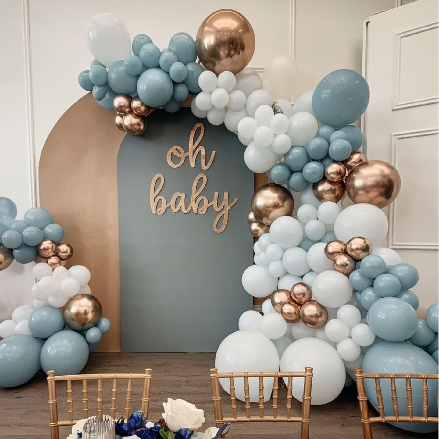 Dusty Blue and Gold Balloons, 12 Inch Blue Gold Balloons, Retro Fog Blue Metallic Golden White Confetti Balloons Latex Balloon for Wedding Baby Shower Gender Reveal Birthday Party Decoration