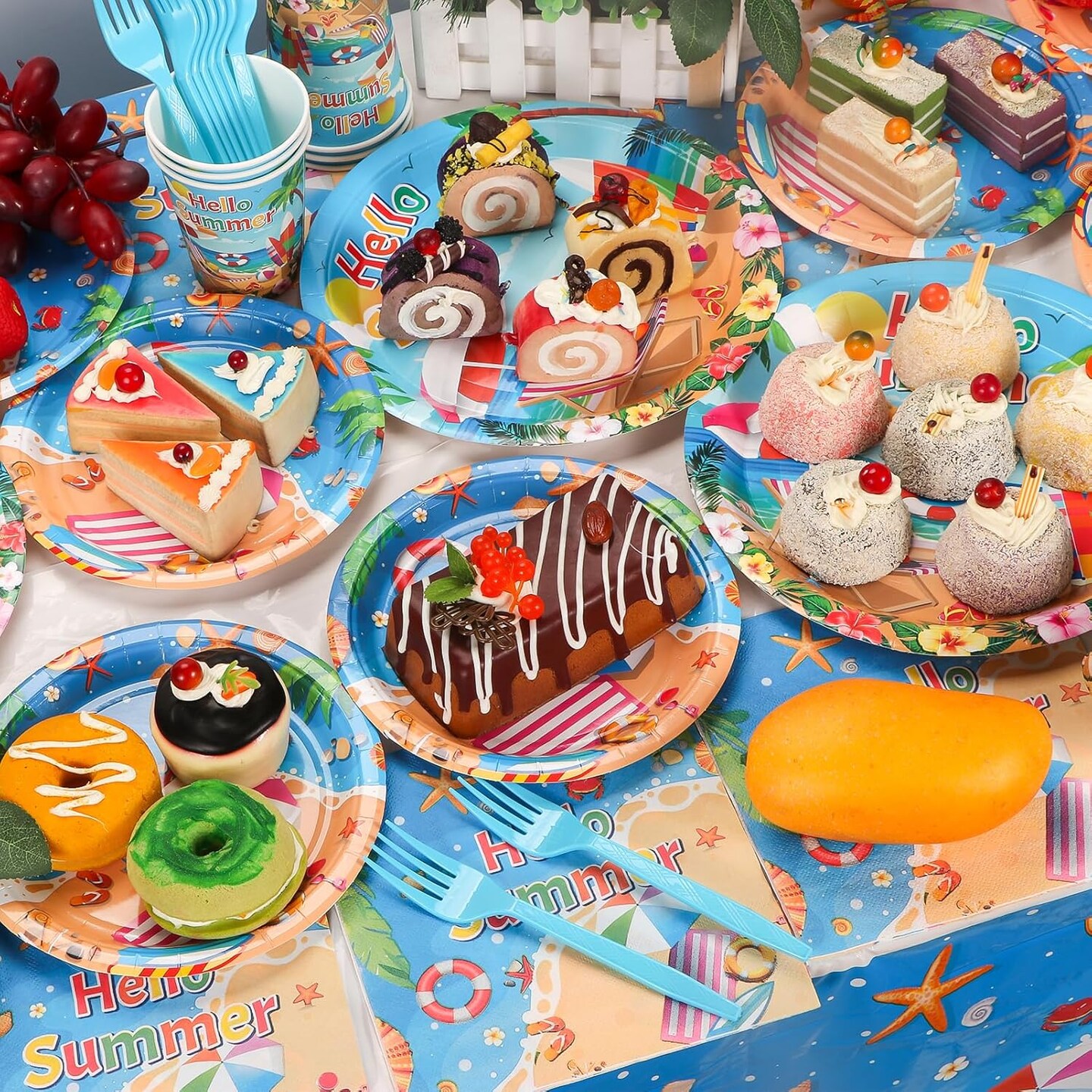 Beach Paper Plates, Beach Plates and Napkins Party Supplies, Disposable Plates, Cups, Napkins, Cutlery and Tablecloth for Summer Tableware