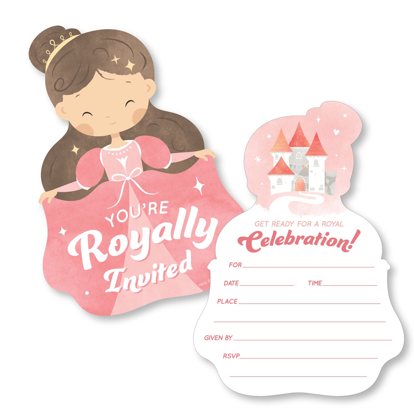 Big Dot of Happiness Princess Birthday Invitations, You're Invited Pink Royal Princess-Shaped Party Fill-In Invitation Cards with Envelopes, Set of 12
