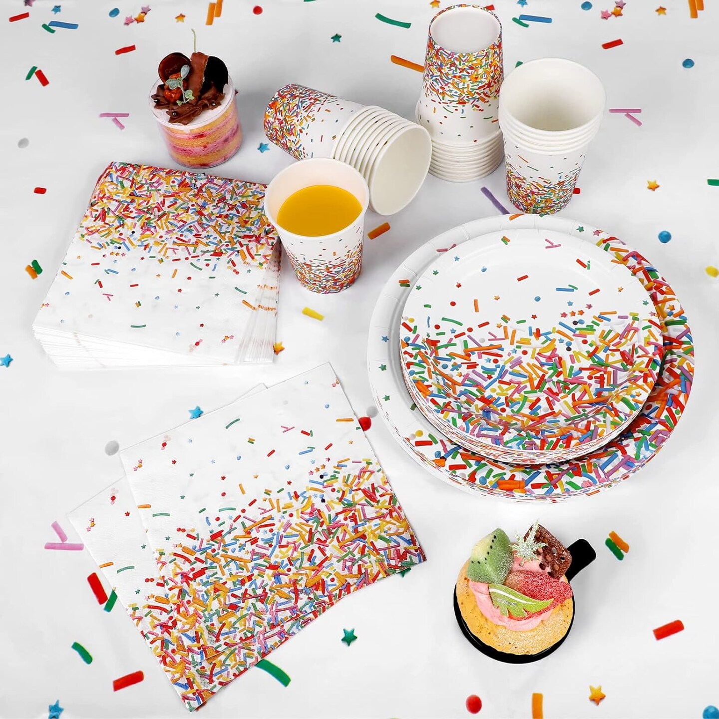 97 Pieces Confetti Sprinkles Tableware Set Disposable Tablecloth Paper Cups Dessert Plates Beverage Napkins for Party Decorations Wedding Birthday Party Favors
