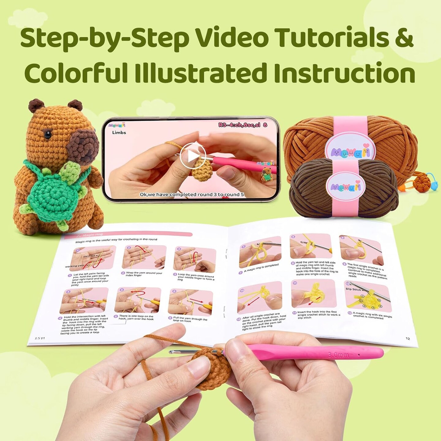 Crochet Kit for Beginners Level 1 with 40% Extra Eco-Friendly Pre-Started Easy Yarn, Step-by-Step Video Tutorials for Adults and Kids (Capybara)