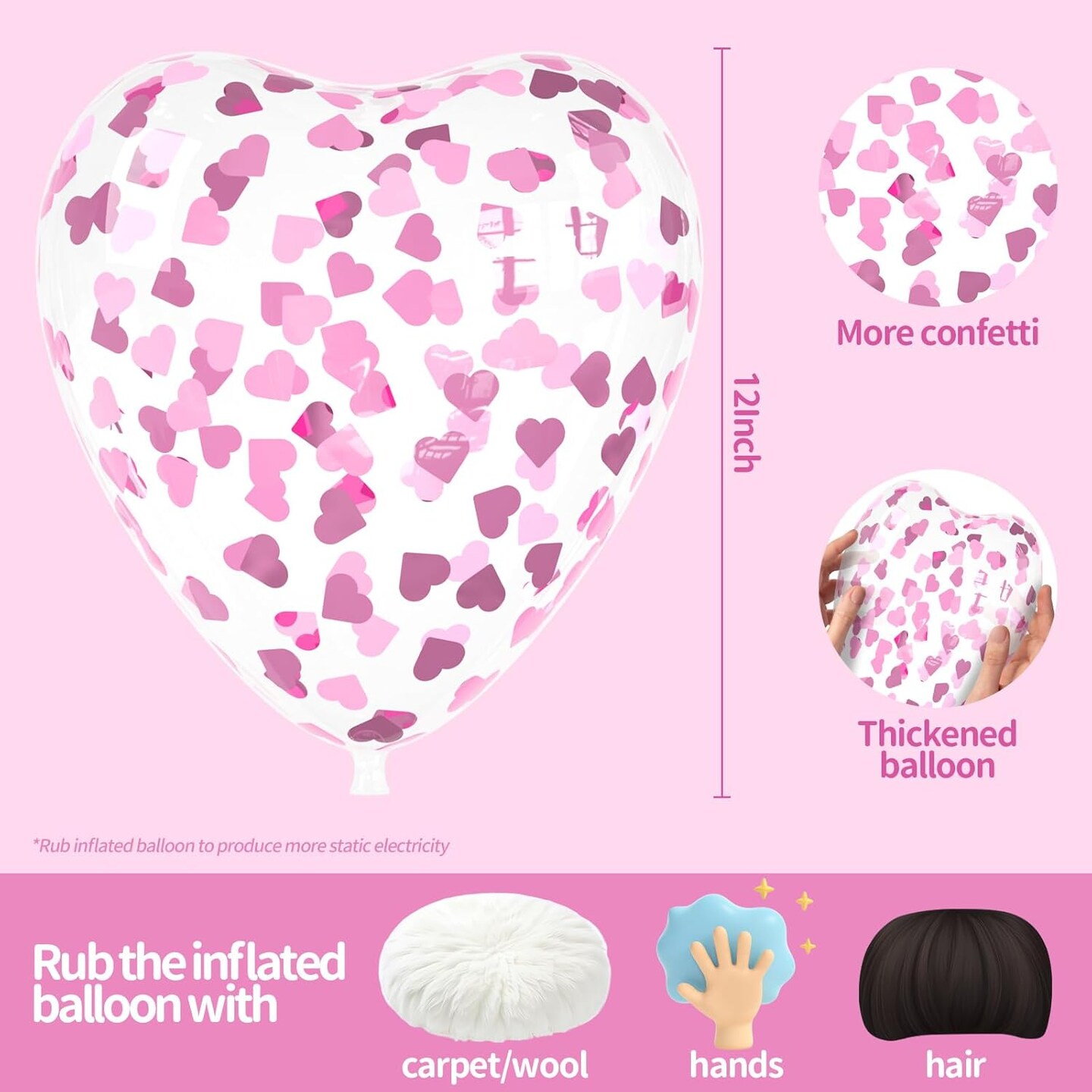 Pink Heart Confetti Balloons 30 Pcs, 12 Inch Clear Heart Latex Balloon with Heart Confetti Inside for Wedding Anniversary Birthday Party Valentine Baby Shower Bridal Shower Decorations Supplies