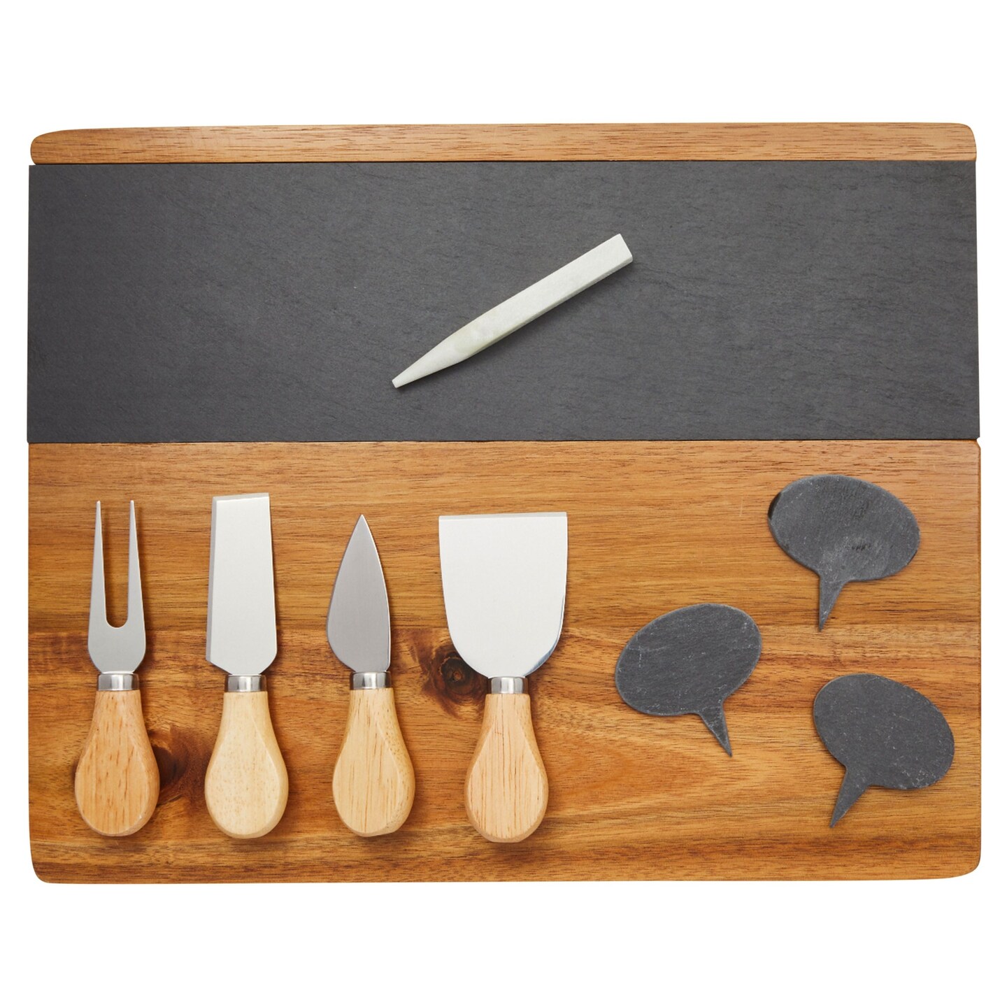 Wooden Cheese Charcuterie Board with Slate Inlay, 4-Piece Knife Set, 3 Signs (14 x 11 In, 9 Pieces)