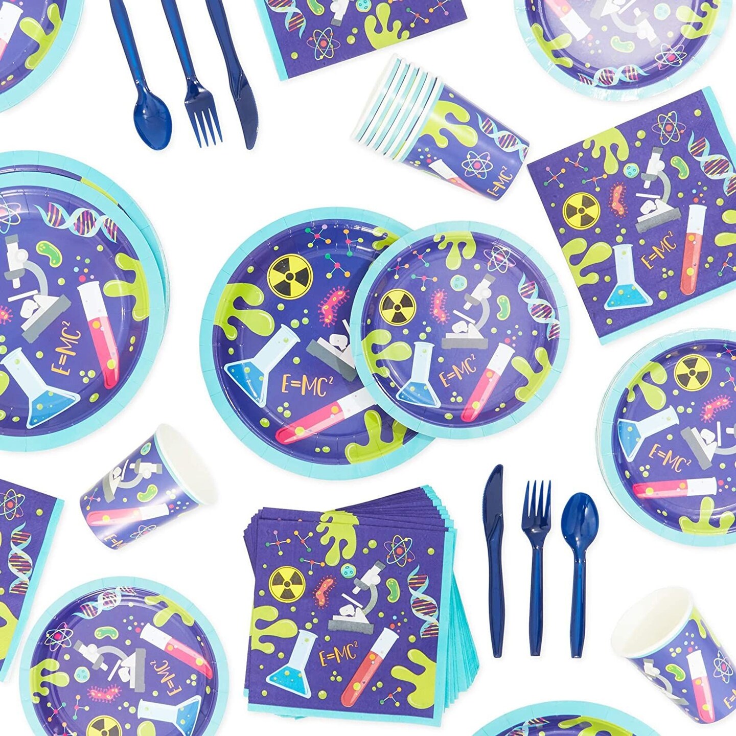 144 Piece Science Birthday Party Supplies, Paper Plates, Napkins, Cups, and Cutlery, Single Use (Serves 24)