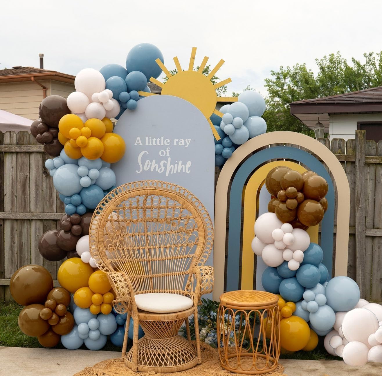 Blue Yellow Balloon Arch - Double Stuffed Dusty Blue Brown Balloon Mustard Yellow Coffee Tan Cream Latex Balloons Garland Kit