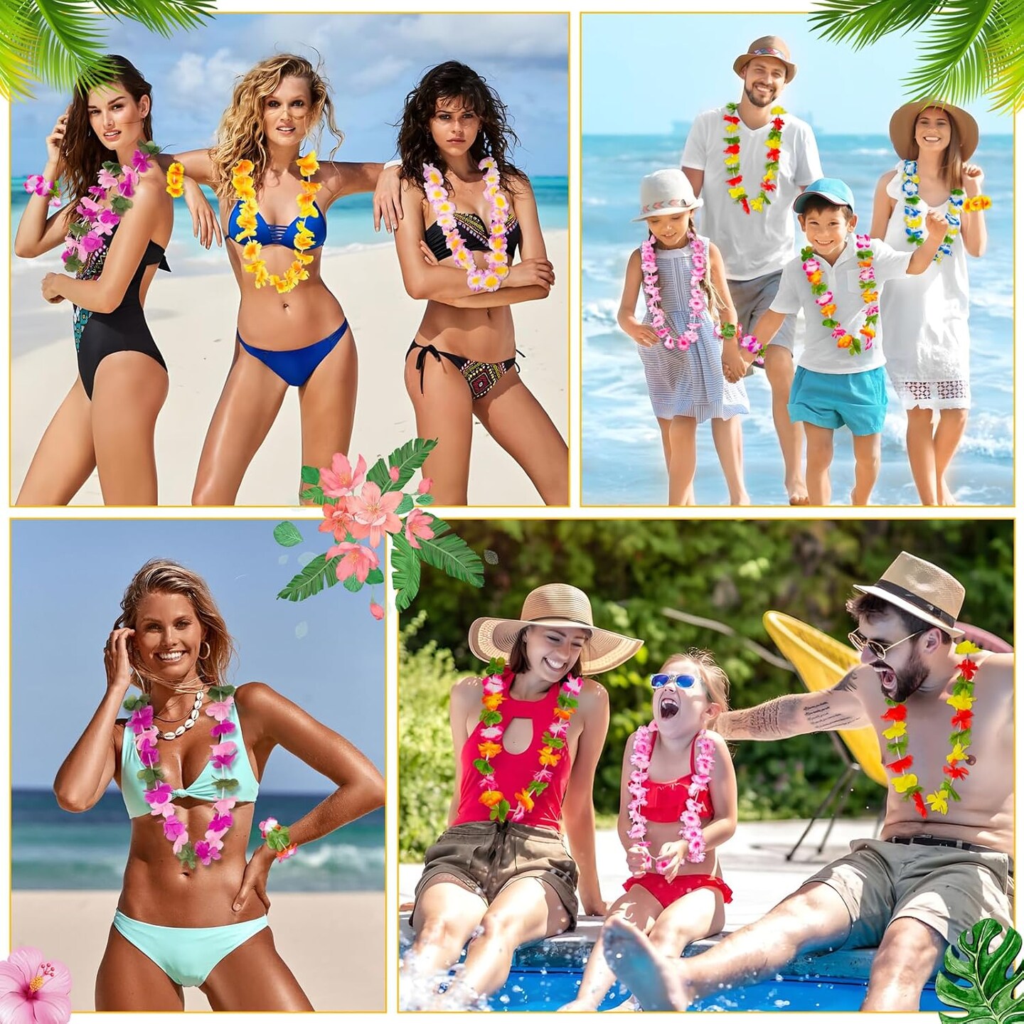 60 Pieces Hawaiian Luau Leis - Tropical Tiki Hibiscus Flowers for Summer Pool Party Favors Supplies Decorations (10 Styles)