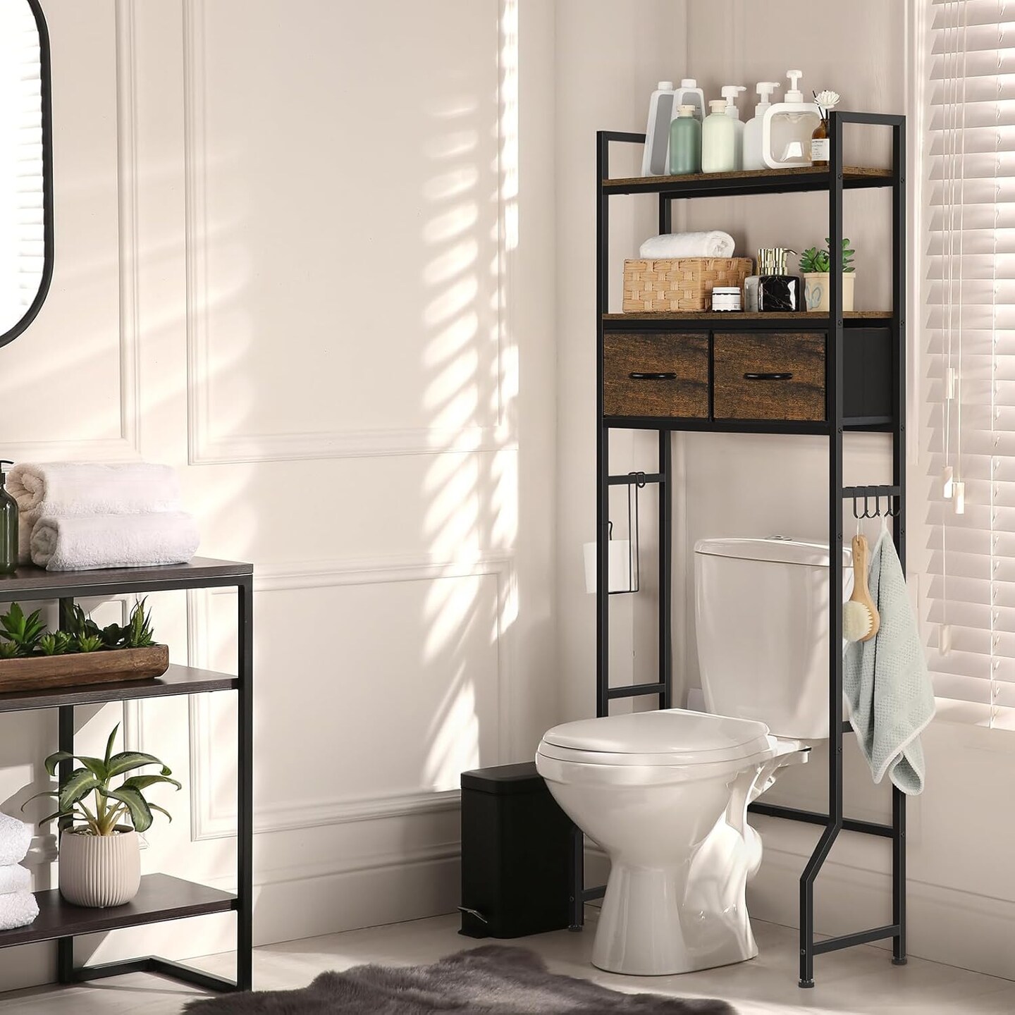 Rustic Brown Over-The-Toilet Storage Cabinet with Fabric Drawers &#x2013; Bathroom Organizer with Toilet Paper Holder, Hooks &#x26; Adjustable Shelves for Laundry, Bedroom, or Kitchen