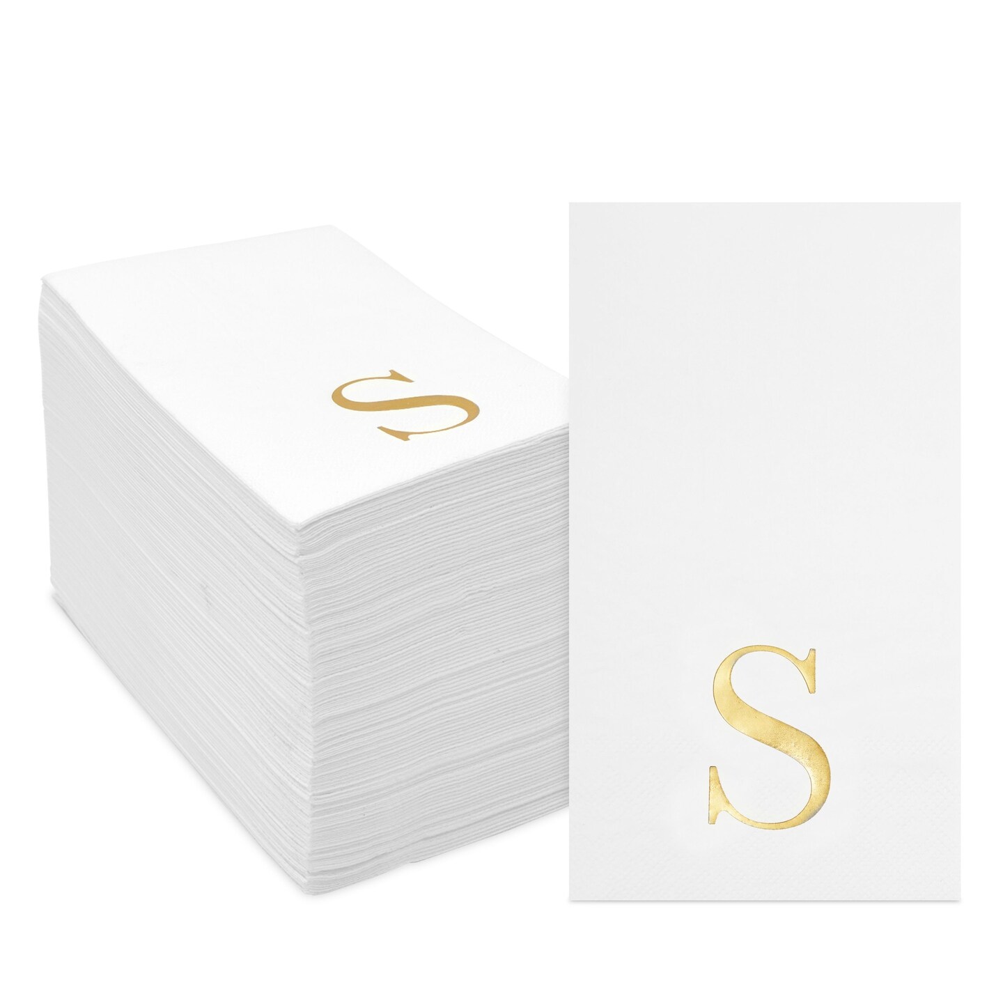 Sparkle and Bash 100 Pack Gold Foil Initial Letter S White Monogram Paper Napkins for Wedding Reception, Table Decorations (4 x 8 In)